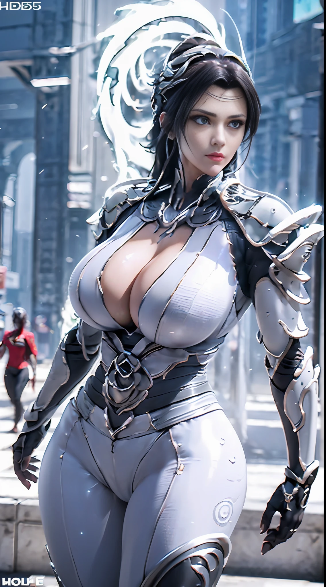 ((Unreal Engine 5)), Realistic Rendering, Excellent, lights on armor, wings, cybernetic headwear, helm, (Yoga Pants), looking on viewer, posing walkdown on street, beautiful face, makeup, (photorealism:1.2), ultrarealistic uhd face, (huge fake boobs:1.4), (gigantic breasts:1.1), (muscle abs), (big butt), (wide hips), (thick thighs), slim waist, hourglass figure, full body, ((glowing skin)), ((shiny skin)), Realistic body, ((she is sexy)), ((clean skin)), photorealistic, bokeh, motion blur, masterpiece, highres, 1080P, super detail, textured skin