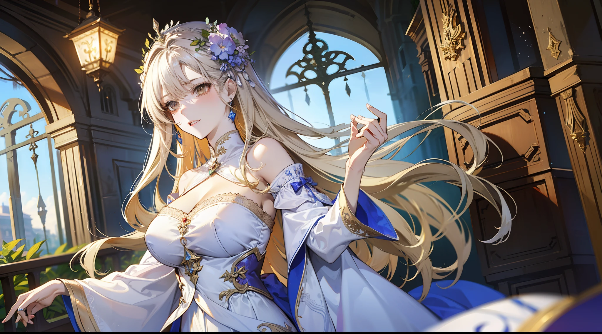 （absurderes，A high resolution），（in a panoramic view），full bodyesbian，A woman who is，mature，big breasts beautiful，Tall，Delicate long dress，The queen dresses，Lilac intricate dress，Exquisite，Brown eyes，pale-blonde hair，Wears a silver crown on his head，Tears，magic，Delicate wand，Medieval town，borgar，a queen