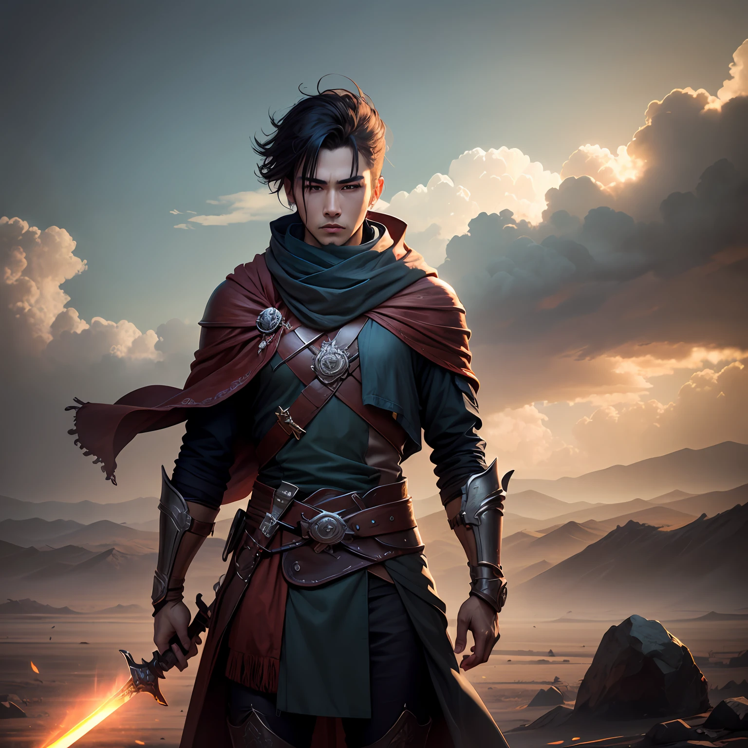 male people,HD quality,Outstanding clarity,The sword light flowed,Calm and decisive,The wind of the wasteland blows the cloak,Layers of clouds obscured the afterglow,It conveys the breath of slaughter。 --auto