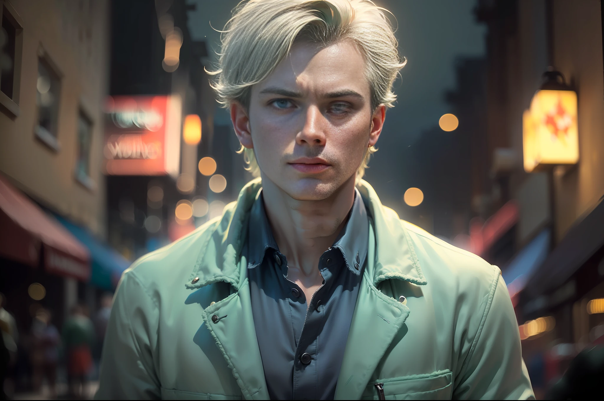 ( 
    (Character: one man, young, white short messy hair, clean-shaven)
    (Clothing: mint green coat)
    (close shot:1.3, extremely detailed, (dynamic pose))
    (nighttime city, dimly lit, noir atmosphere:1, gloomy atmosphere, mint green ominous lighting) 
    (Style: ((masterpiece:1.5)), (face detailed), photo-realistic:1.3, hyperrealistic, film grain)
)