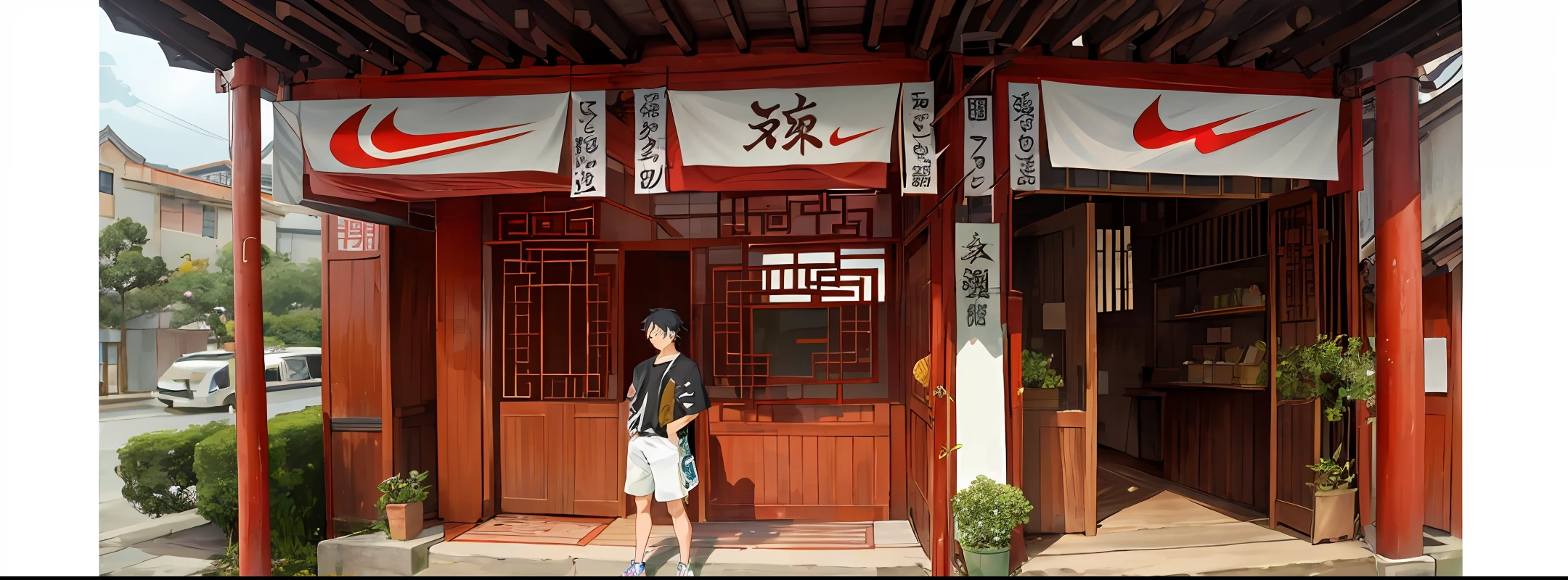 One Piece Luffy,Trendy clothes,Nike shoes,Stand under the Chinese style architecture to be animated version