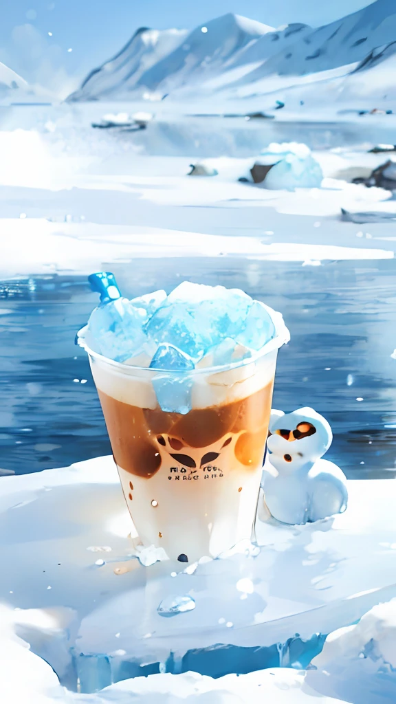 A cup of coffee on ice,There are starfish on it, ice coffee, blue liquid and snow, iced latte, slush)), icy, colored milk tea, frosty,F 2. 0, ice cold blue theme, depiction, Handsome, Manhwa Style