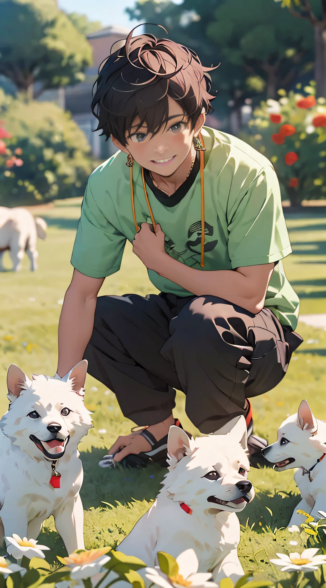 realisticlying，（tmasterpiece，top Quority，best qualtiy），1 boy，Pet dogs，looking to the camera，coloured background，ssmile，Black super short hair，Handsome man，white short sleeve，Red flowers and green grass