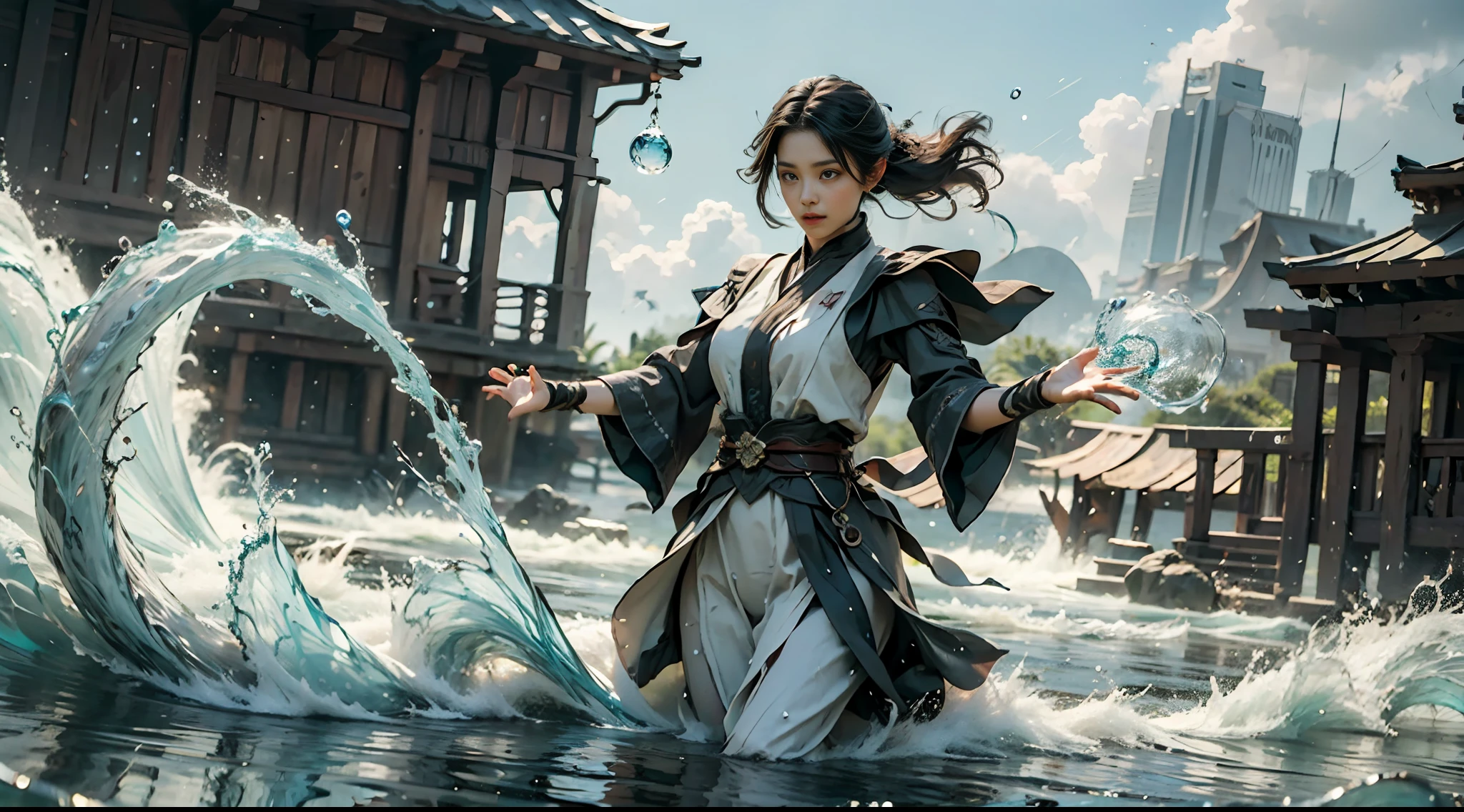 ((best qualtiy)), ((tmasterpiece)), (A detailed), (Realistis), (offcial art), (Very detailed CG unity 8K wallpaper), (Water magic:1.2), (Manipulating water:1.1), (element control:1.2), (graceful movements:1.1), (Aquatic beauty:1.2), (Mysterious powers:1.2), (Serene expression:1.1), (Flowing tides:1.2), (Sparkling water droplets:1.2), (magic aura:1.1), (magic incantation:1.2), (Ripple waves:1.2), (Splendid water formation:1.1), (Emerges from a whirlpool of water:1.2), (Resonate with nature:1.2),(commanding the elements:1.2),(translucent veils:1.1),(Wisdom and strength:1.2),(swirls of magic:1.2),(Glowing zigzag:1.1),(Harmony with the sea:1.2),(Mysterious origins:1.2),(harmonious balance:1.1),(The power of tranquility:1.2),(A fascinating spectacle:1.2),(Immerse yourself in liquid magic:1.1),The proportions are correct,semi transparent