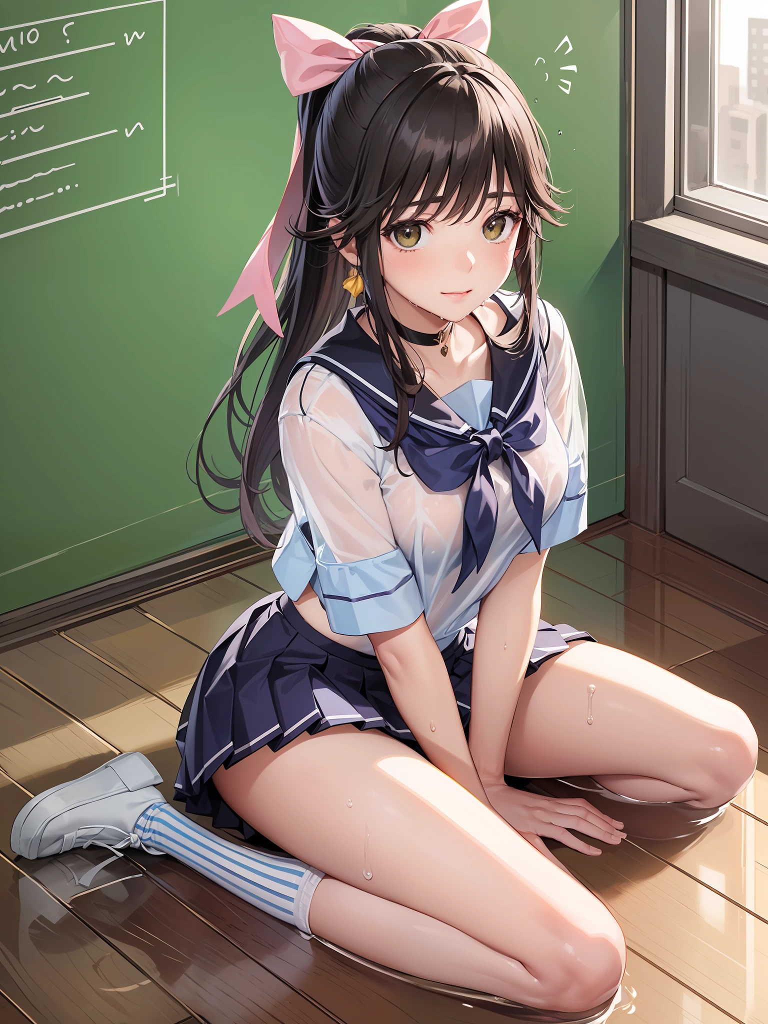 (masuter piece:1.3)、(top-quality:1.4)、超A high resolution、(eye detailed)、(facial features details)、(The specifics of the features of clothing)、nffsw、8K分辨率、solofocus、bangss、skintight、(shinny skin) )、(Slender girl)、realisticlying、(Extremely detailed illustration)、Check Commentary、Commentary Request、(Schools、‎Classroom、chalk board、desk and chair)、No letters、VirtualGirl-Rin、(A slight smil、A look of shame、A look of bewilderment)、(Soft udder、Rounded protrusion in the center of the areola、small areolas)、(A dark-haired、Ponytail and ribbon)、a choker、1 daughter、kawaii、hi-school girl、(The breast is covered in a white transparent sailor suit、Female Student Uniform) 、Short, Blue and soft pleated skirt、(Calf-to-toe plain navy sock cover)、(Bend both knees and sit and raise your legs、Opening legs、Straight neck with back and hips)、((Sitting in a yellow transparent puddle on the floor))、　(The female genitalia and butt hole are covered with transparent very small white wet underwear)、One person on the screen、Correct quantity of limbs、Emphasis on butt hole、Keep your posture with your hands、Look、