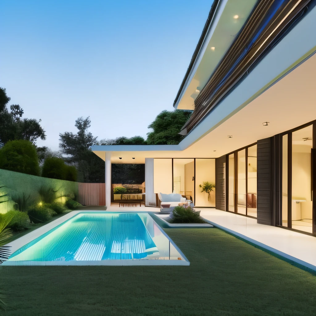 casa branca e cinza com janela e portas grandes, piscina no fundo com gramado