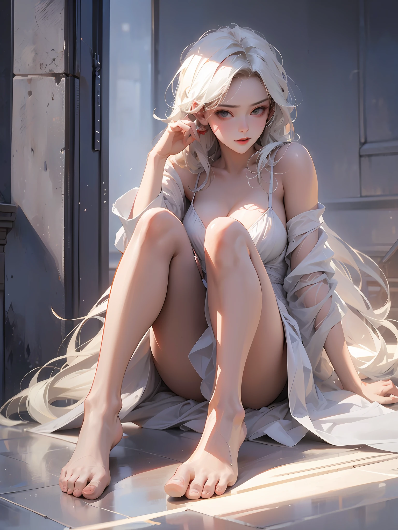 Photo of a 25-year-old woman, Long white hair, Masterpiece, High_Resolution , whole-length_Portrait, full_Body, White Room ,Photorealistic,simulating,Realism, Seductive_Pose, Sexy,Legs, Feet, White summer dress, Daisy Ridley