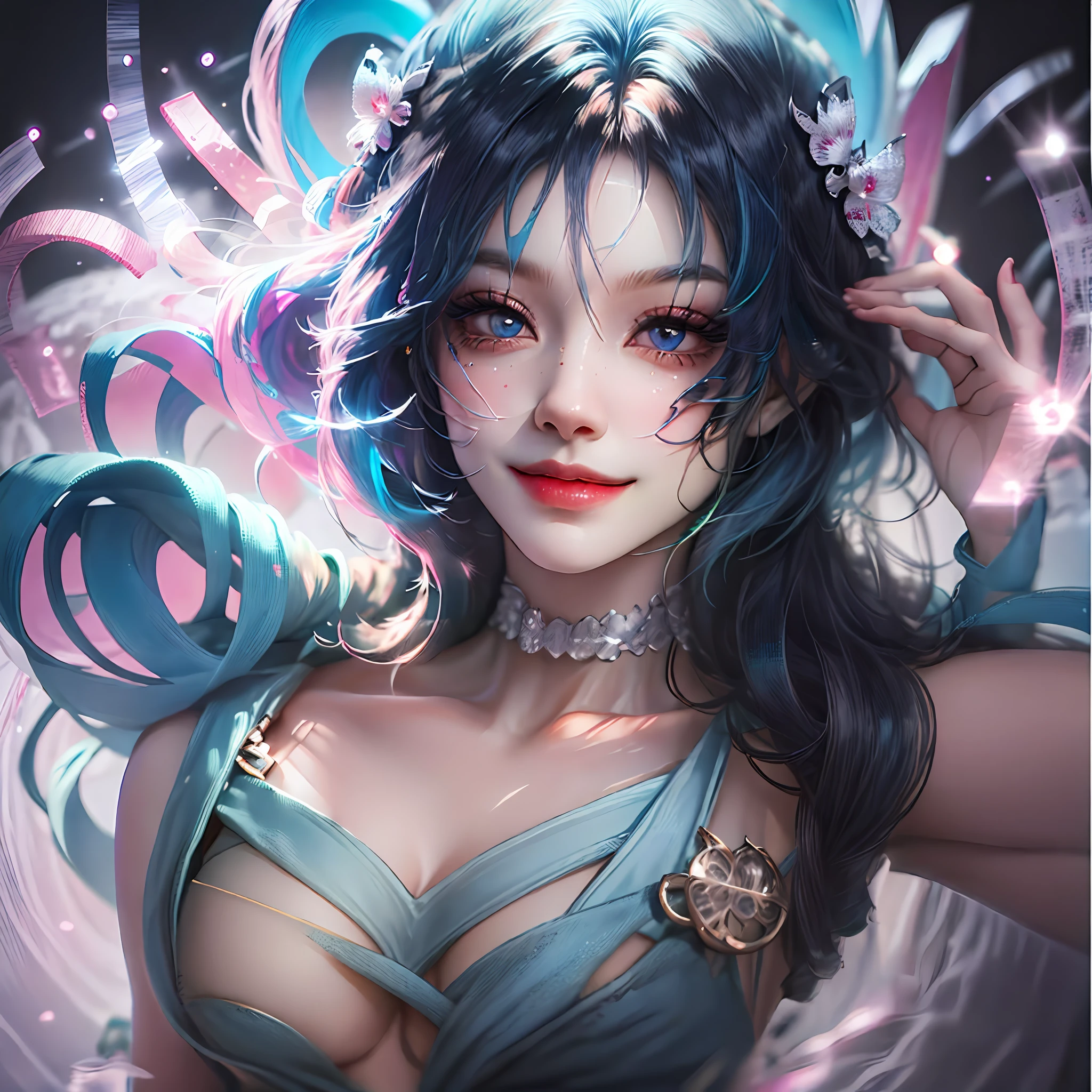 Black hair, Light blue hair, Heart-shaped pupils, Smile, anime big breast, 8K, Super detail, hyper HD, 16k