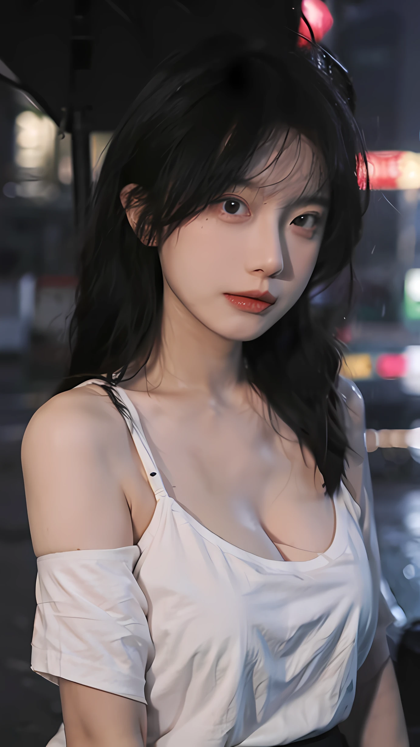 best qualtiy， tmasterpiece， 超高分辨率， （Realistis：1.4）， Bust 36b，RAW photogr， 1girll， in the darkness nigth， deep shading， low tune， cold light， closeup cleavage， In Japan streets， natta， rainy evening， street japan， Neon lights illuminate the background， Black shirt，big cleavage breasts，black t-shirts，pink Bras