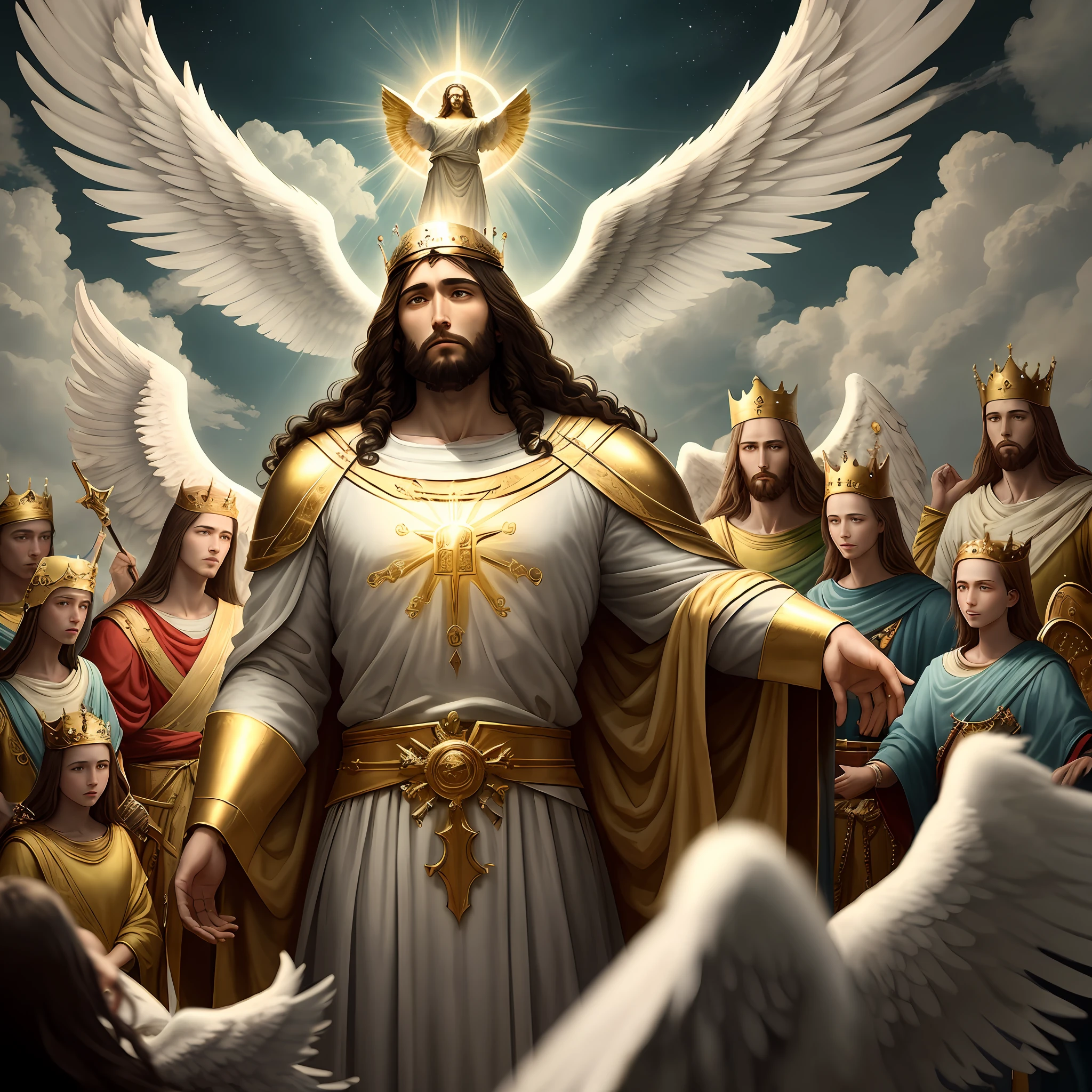 "Amidst the voluminous clouds, Jesus, the majestic king, sits gracefully adorned with a golden crown. In a wide shot, He is accompanied by His army of angels as He prepares to return triumphantly to Earth, surrounded by the ethereal radiance of volumetric light."