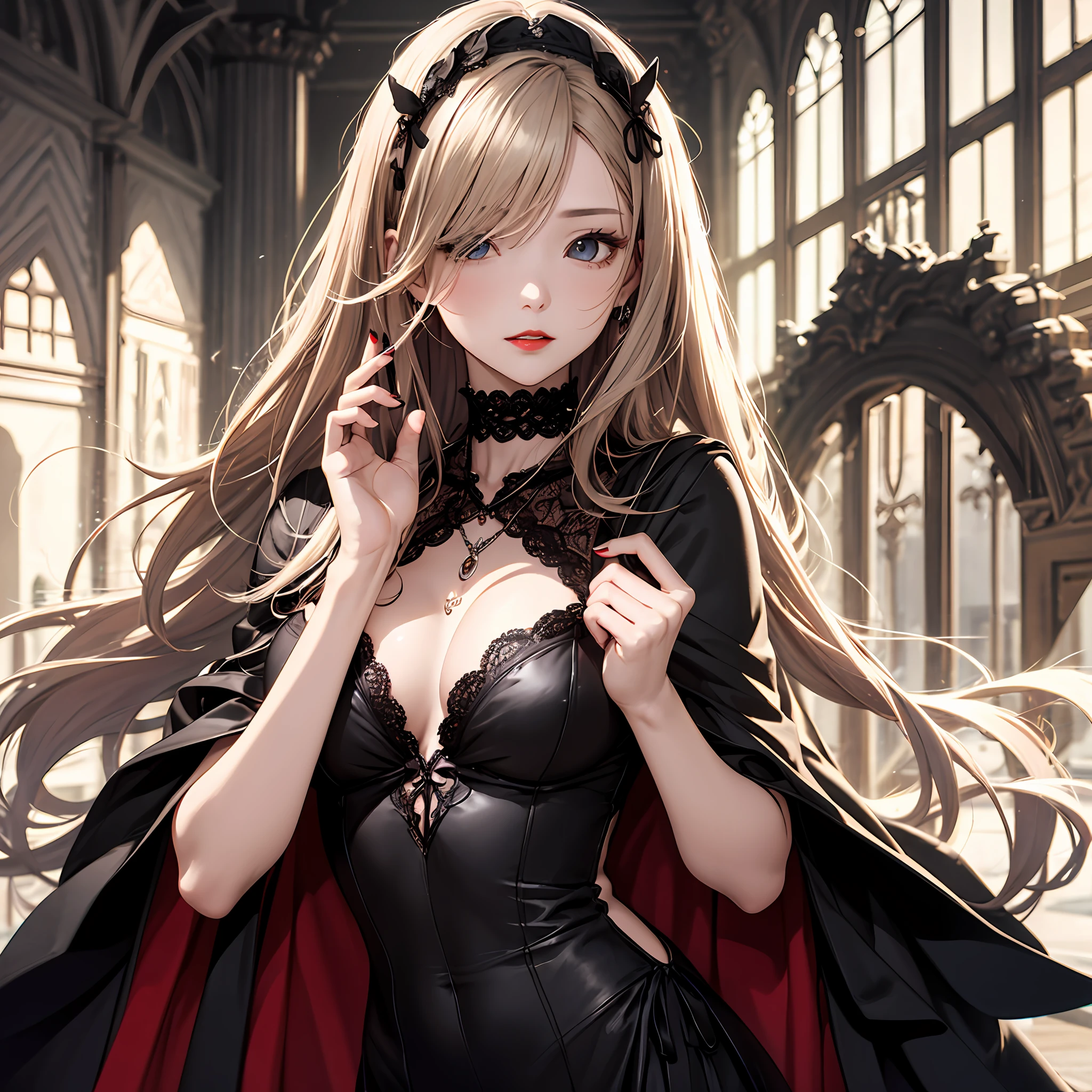 masterpiece、absurderes、HDR、extremely detailed eye and face、rokoko、gotik、The long-haired、floting hair、Blood paste、red-lips、Woman in black dress posing for photo、frilld、Ren Hao、shortsleeves、a choker、lace gloves、a necklace、Woman in a goth costume、Wearing a cape、 --auto