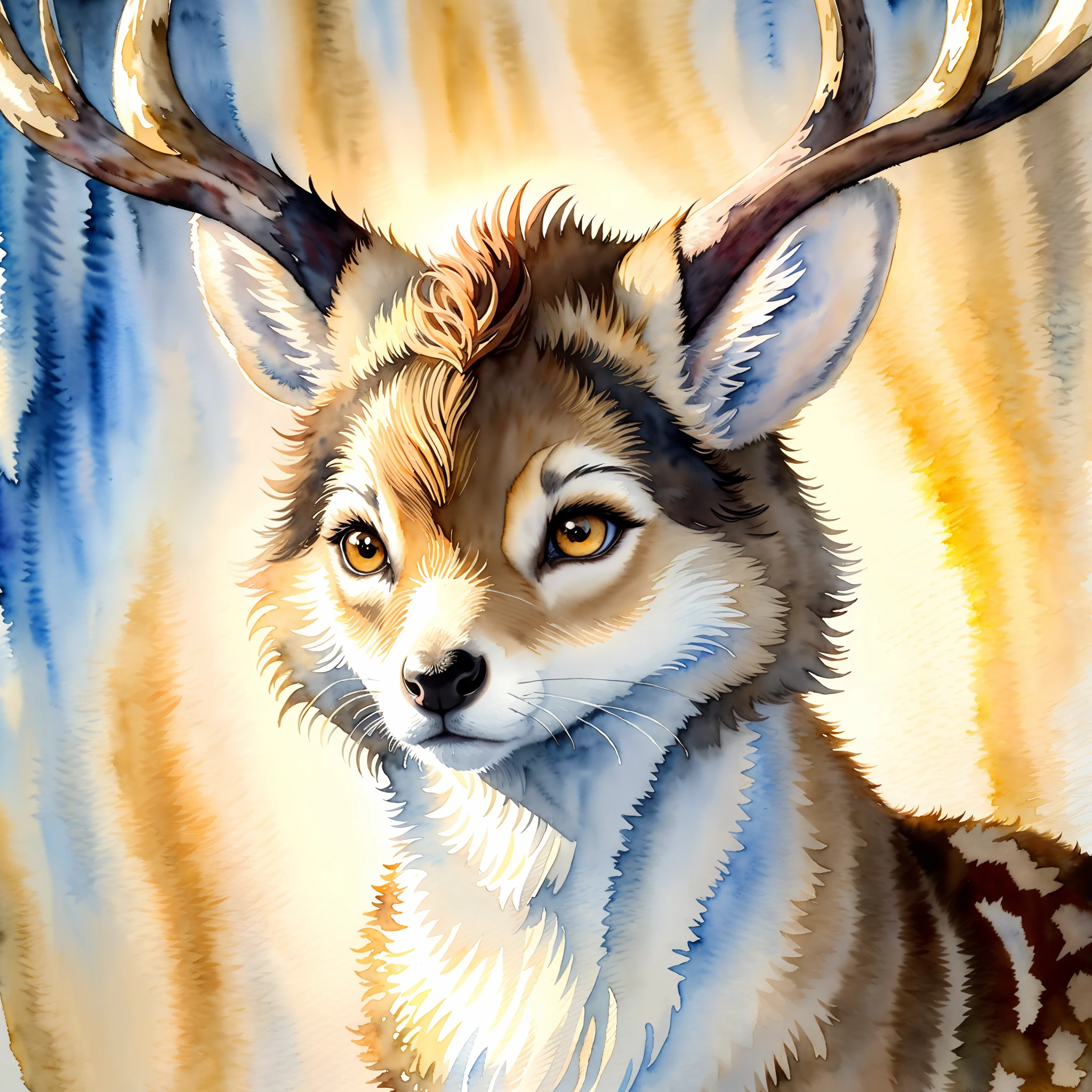 Ambersheen Vale Deer Fawn, dark-brown fur with a intense white line and dot pattern, golden eyes, amber-gold glimmer surrounds it, masterpiece, best quality, (in watercolor painting style)