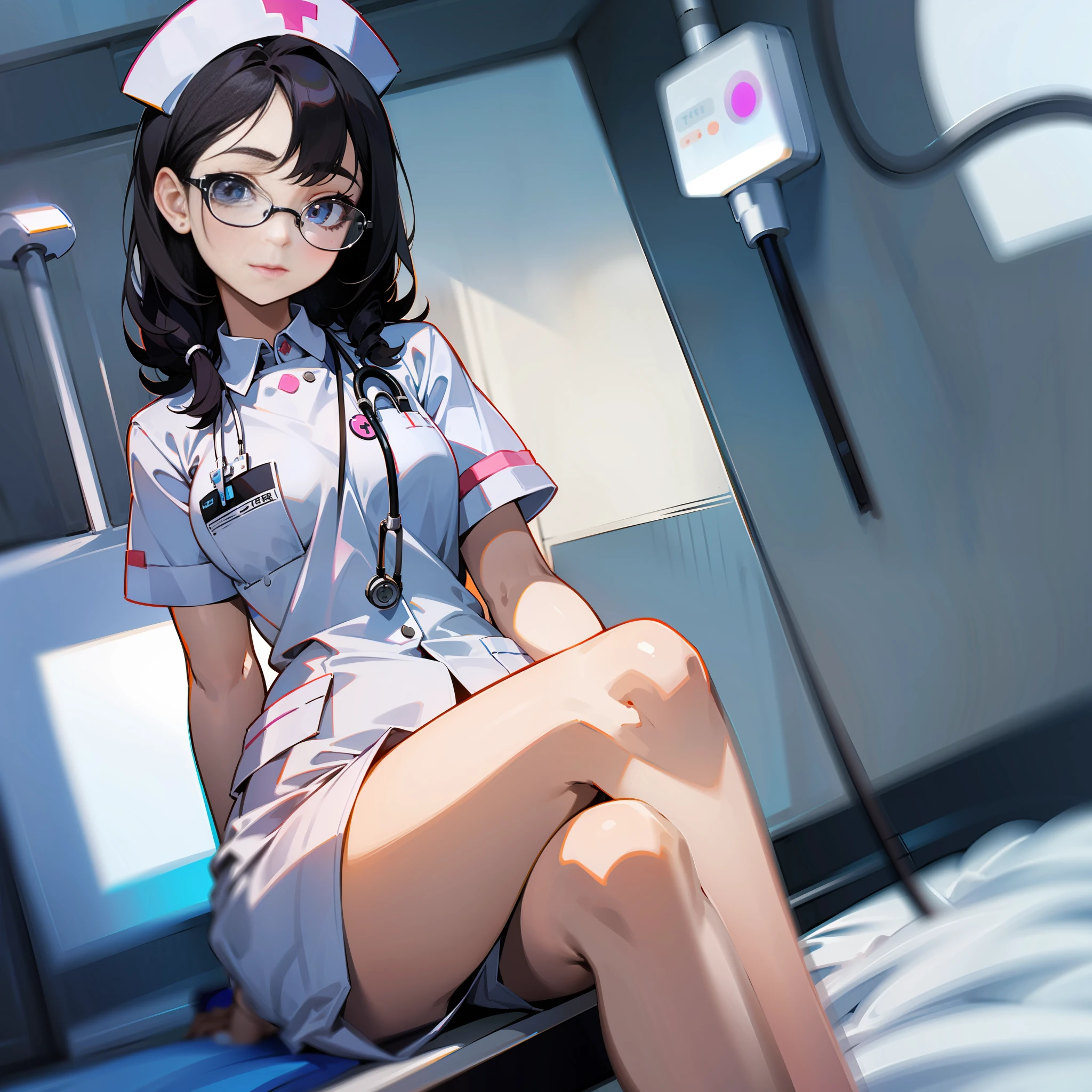 Nurse、A dark-haired、Hospital Room、eye glass、top-quality、Detailed hand、Detailed legs、A detailed face、Looking at the camera、White nurse uniform、temperature measurement