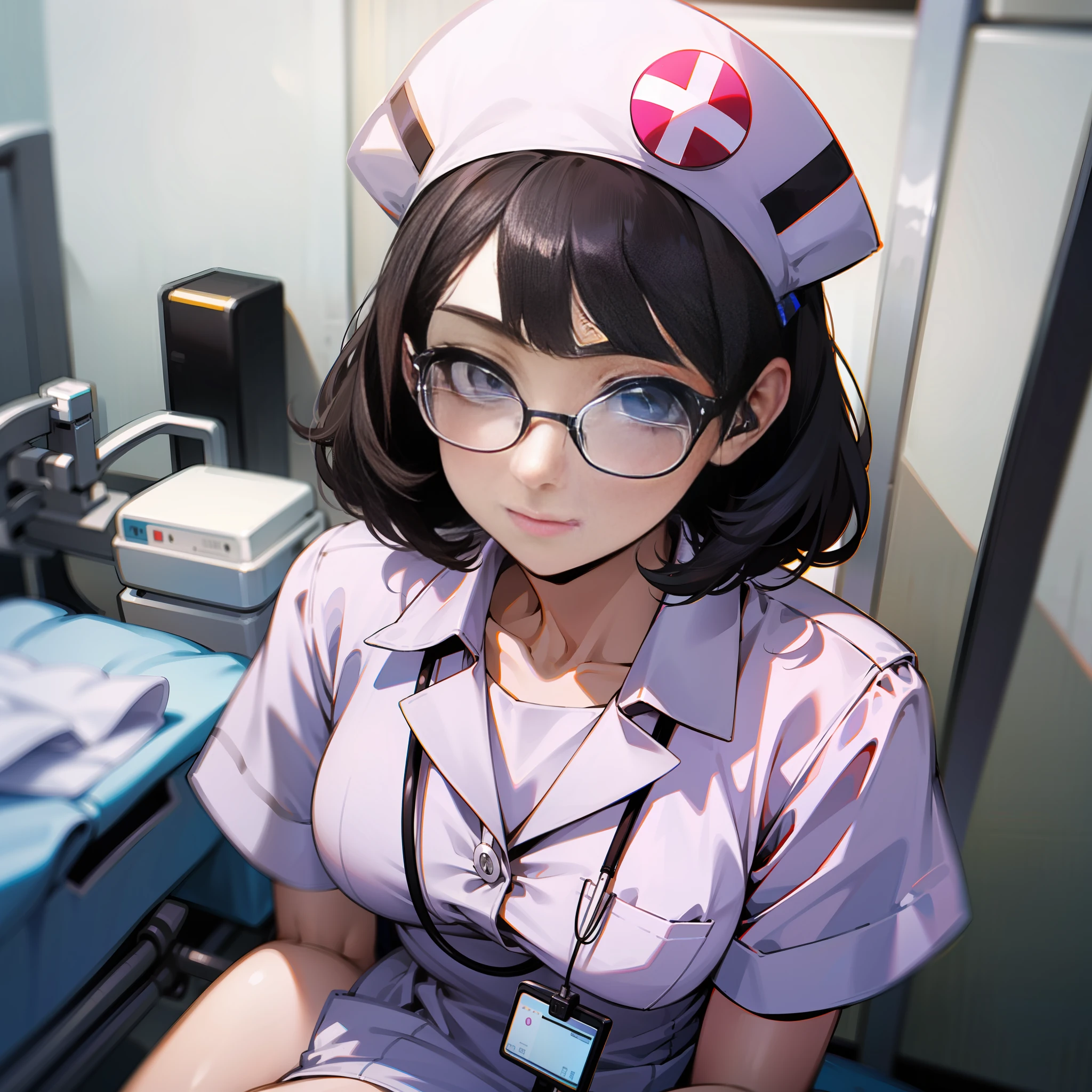 Nurse、A dark-haired、Hospital Room、eye glass、top-quality、Detailed hand、Detailed legs、A detailed face、Looking at the camera、White nurse uniform、temperature measurement