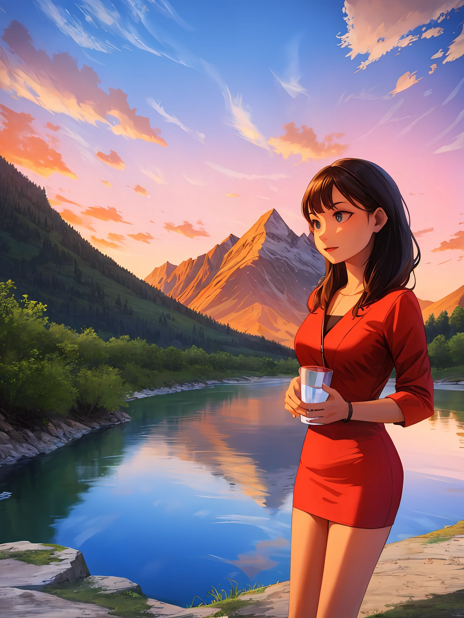 Beautuful Women,mountain water,the sunset