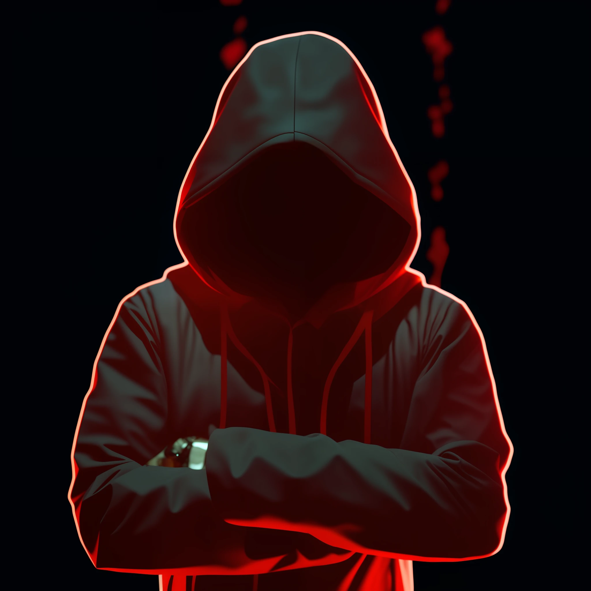 A closeup of a person with a hood and arms crossed, figura encapuzada, figuras encapuzadas, pessoas sem rosto escuras, figura encapuzada surreal preto de costa, arte de fundo, foto de perfil 1024px, Capuzes pretos, usando um capuz escuro preto, imagem do avatar, Senhor Sith encapuzado encapuzado, Escuro Backround, Escuro. Sem texto, fvckrender, Retrato NFT, neon verde