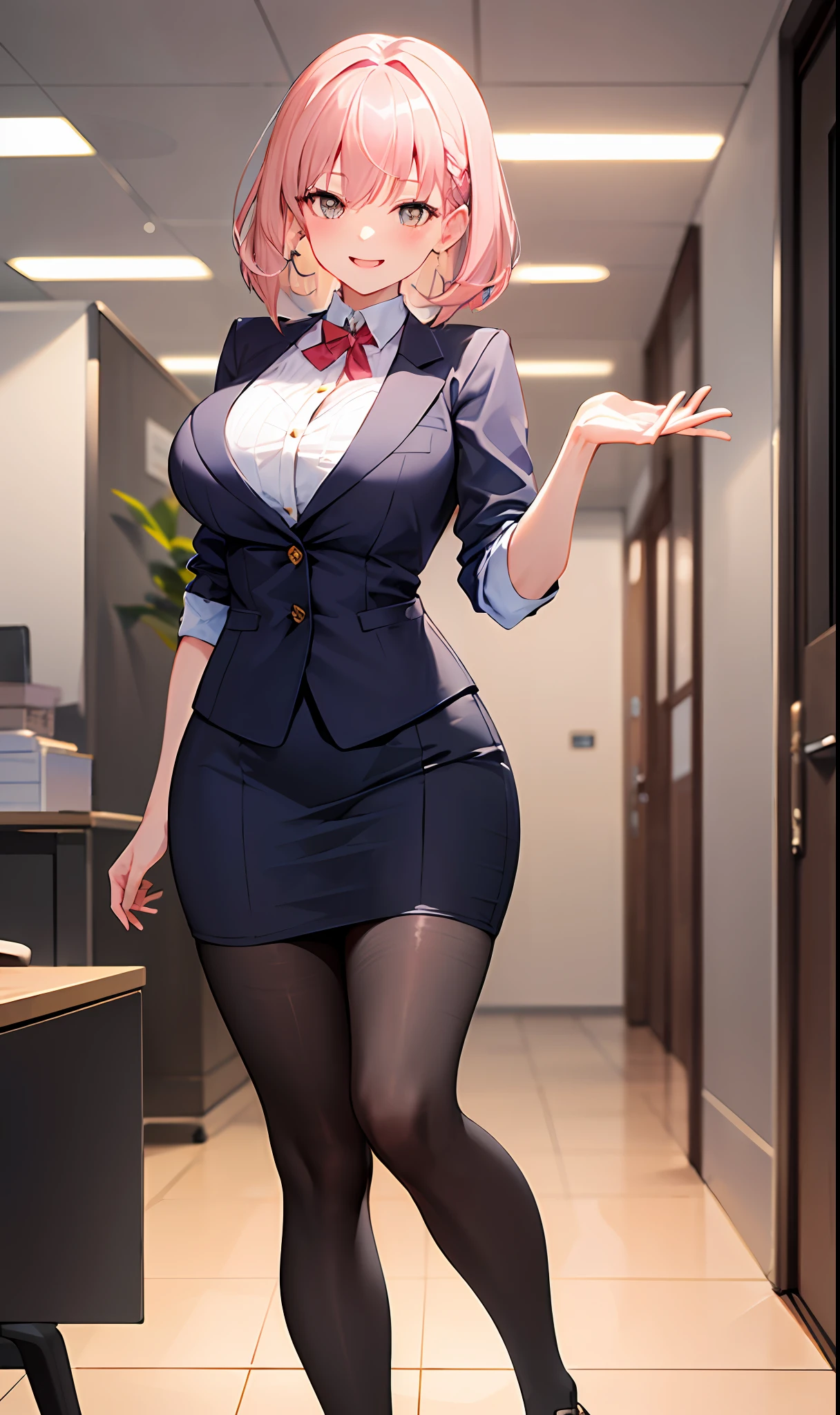 ((masterpiece, best)),(1girl),((mature woman)), light pink hair, dizzy, trumpet, ((office lady)), bangs, mid-chest, (full), slim, smiling, [wide hips] ,office,standing, aru \(blue archive\),