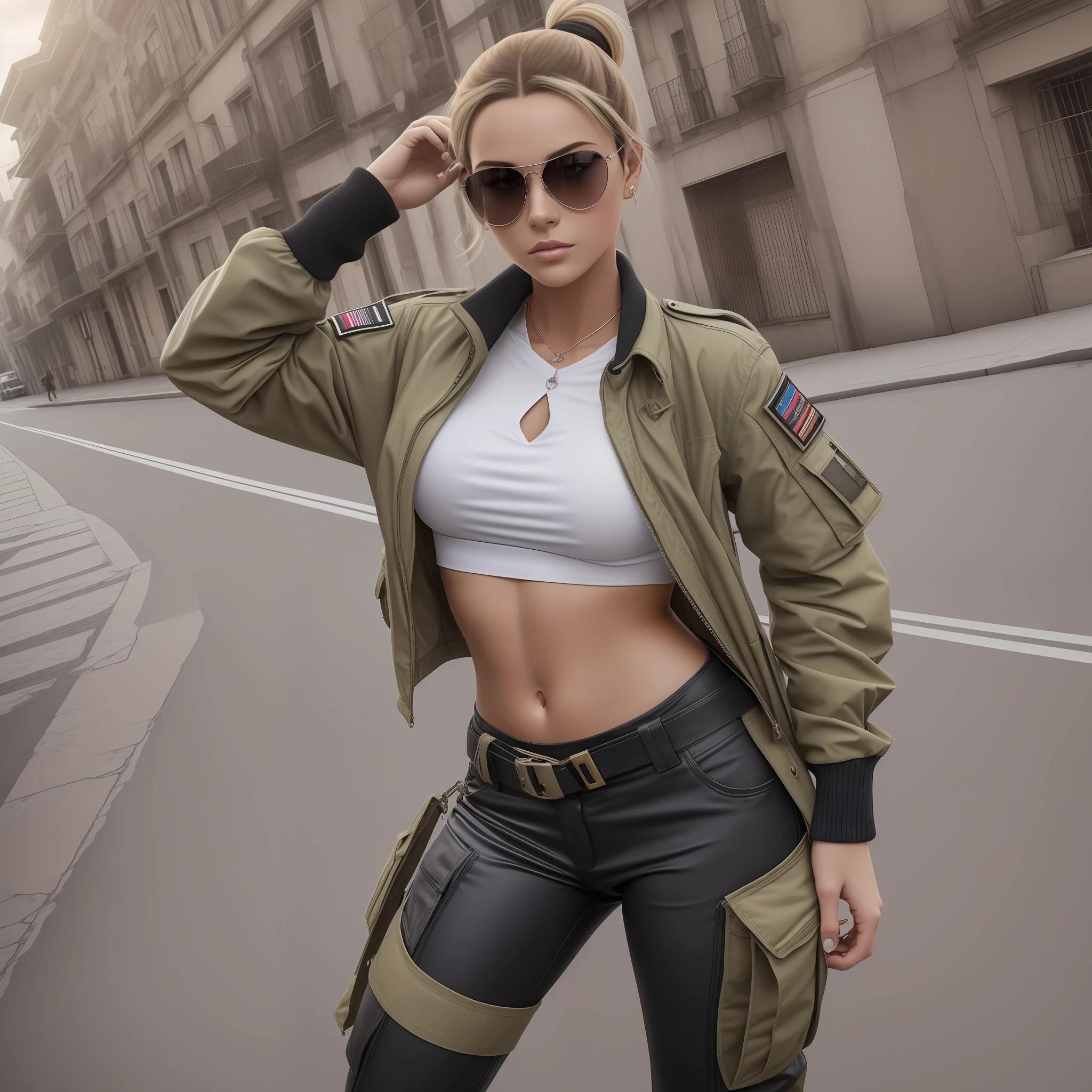 Cammy branco (Lutador de rua), olhos cinzas, cabelo blondie cinza ponytail, pale skin and freckles, soft and beautiful lips, Aviator glasses with yellow transparent lenses, vestindo uma jaqueta de couro (branca, com detalhes pretos), White cover with a knot), black tactical cargo pants, coldre, bota de couro marrom de cano alto, segura uma carabina m16 (ultrarrealista | HD |), dedo no gatilho,nas ruas de Los Angeles em ruinas. dinamic poses, Luz Natural, 8k, obra prima,.RAW, Aerial focus, feminina esbelta 1:3, fotorrealista 1:3, ultrarrealista |, apenas 1:3, entardecer, luzes neon realistas,vida real, Pose de modelo de revista, foto de corpo todo, Foto premiada, foto caprichada,
