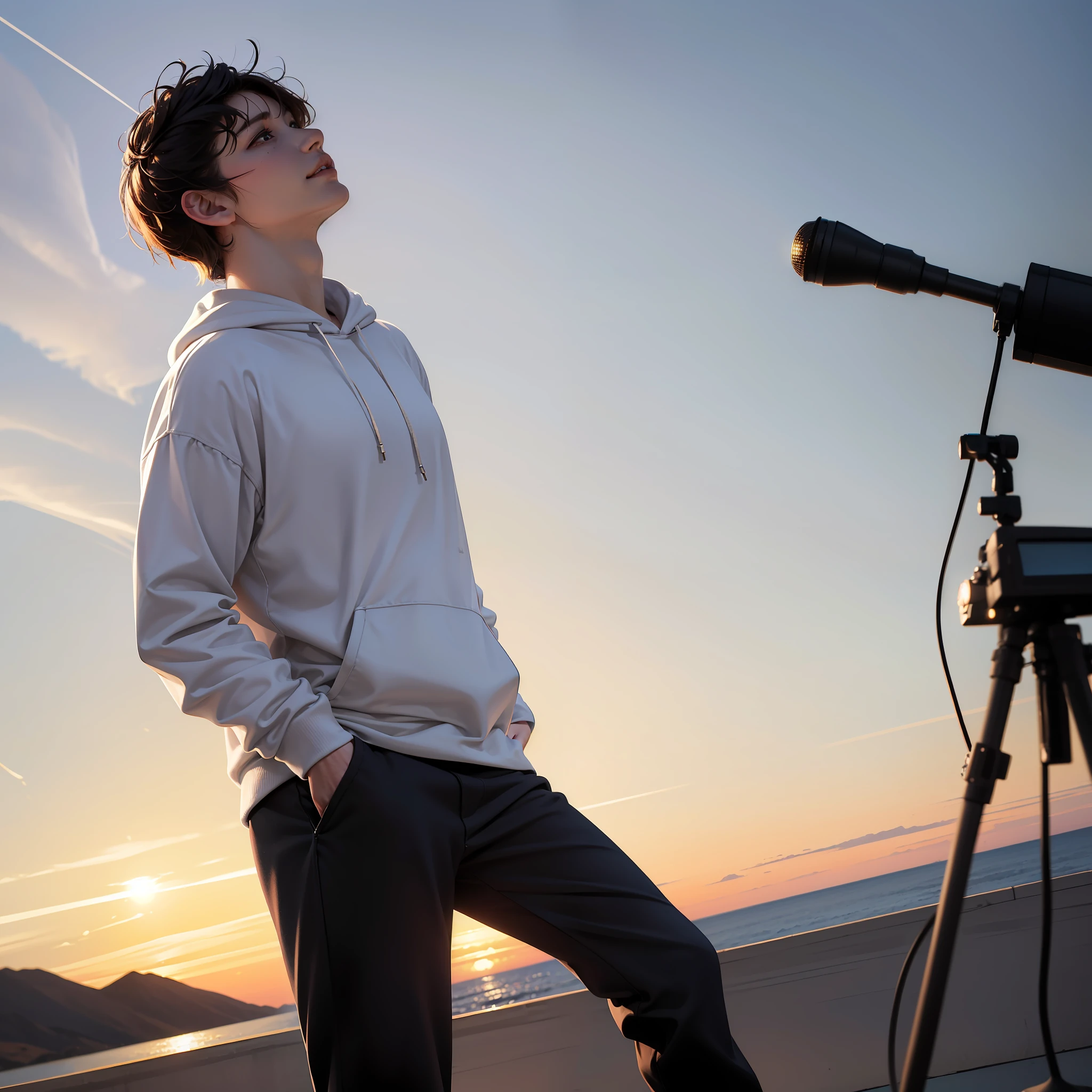 absurd resolution, alta resolução, (obra-prima:1.4), ultra-detalhada, Distortion of the male face of the wide-angle lens Play a male motivational character wearing a white sweatshirt and hoodie looking at the horizon dreaming of a good future and as he emanates in a recording studio lights from his feet these lights in white color in a cinematic scene