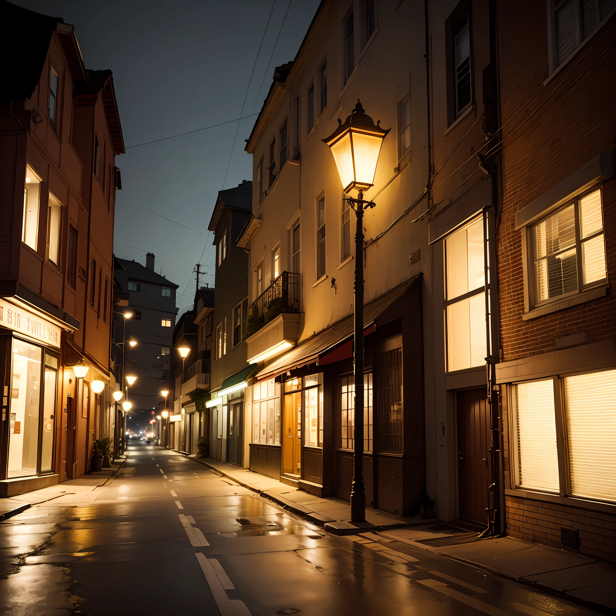 There was no one on the midnight road, Warm yellow tones, There is a crossroads, But I can only see the corner of the intersection, At the edge of this intersection stands a street lamp, The location of the street lamp is in the right half of the picture, Street lights are the main body, The height of the street lamp is a little more than half of the whole picture,There is a very strong light and shadow from the bulb to the ground, Behind the intersection, There are some old style residential buildings, The windows in the building were lit messily, The background behind it is dark --auto