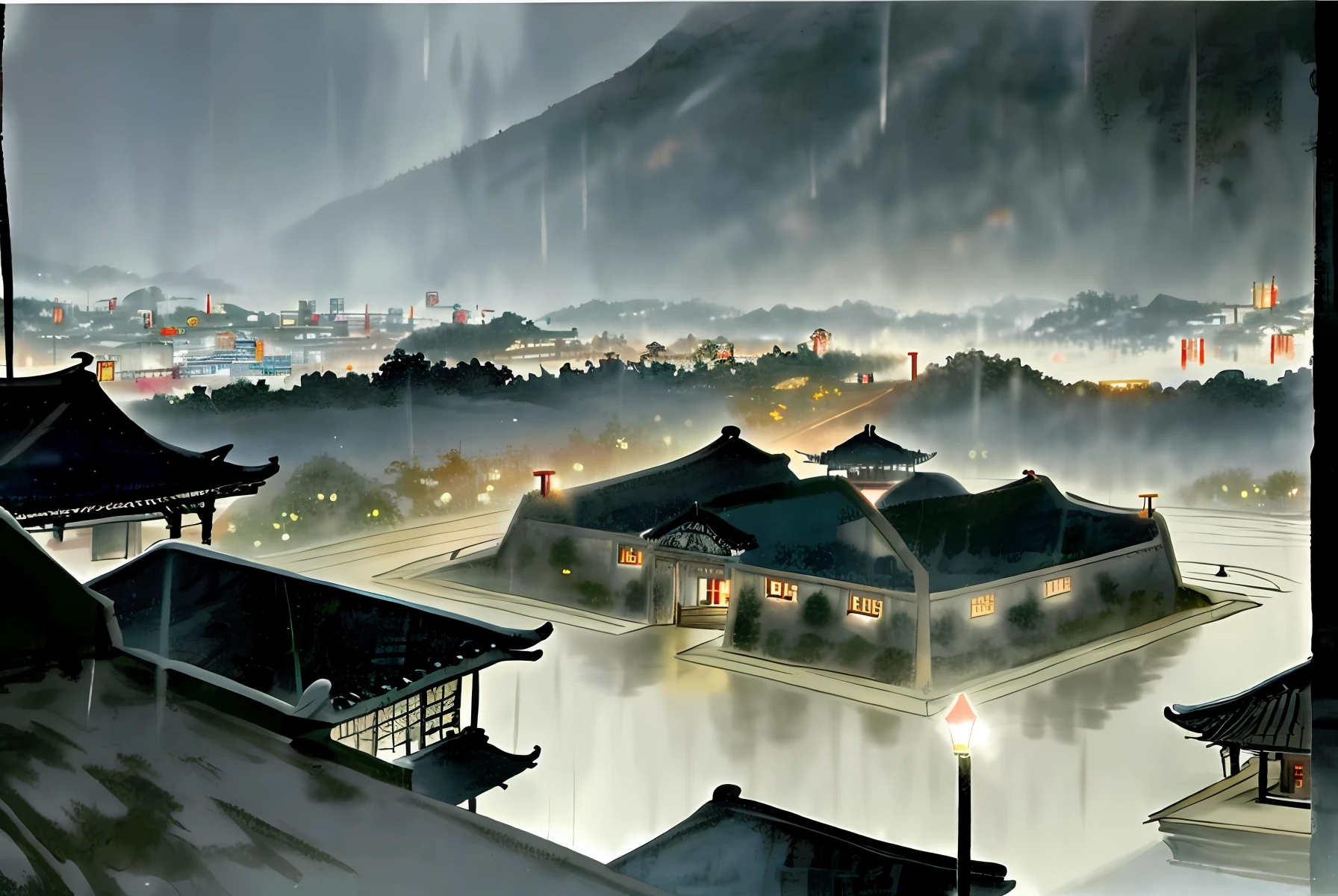Arafed view of a village，a lot of lights on the buildings，dreamy Chinese towns，Chinese Village，amazing wallpapers，A Japanese town，Japanese village，surreal photo of a small town，old asian village，Japan city，Raymond Han，rainy evening, Cyberpunk ancient Chinese castle, Well-lit building, In the evening in the rain, Beautiful and aesthetic, photography of, cinematic ligh, 8k, high detal ((very heavy rain)))，woman，naked，