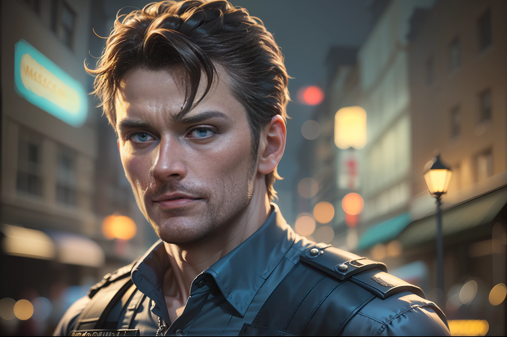 (
(Character: one English man, 40 years old, police, serious expression, short windswept hair, strong body)
(Clothing: blue police vest, bulletproof vest)
(close shot:1.3, extremely detailed, (dynamic pose), investigative)
(nighttime city, dimly lit, noir atmosphere:1, gloomy atmosphere, blue ominous lighting)
(Style: ((masterpiece:1.5)), (face detailed), photo-realistic:1.3, hyperrealistic, film grain)
)