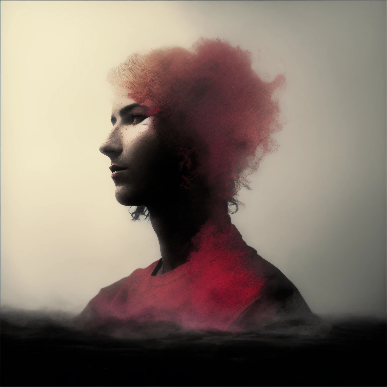 Hay un hombre con el pelo rojo y una camisa roja, Retrato surrealista, Hermoso retrato surrealista, Retrato humanoide, Retrato de humanoide masculino, Double exposure portrait, Cara hecha de nubes, Surrealist portrait photography, Retrato surrealista, atmospheric portrait, Retrato abstracto, polvo espeso y tonos rojos, niebla que se eleva desde la cabeza, misterioso retrato espeluznante, Retrato de perfil --auto