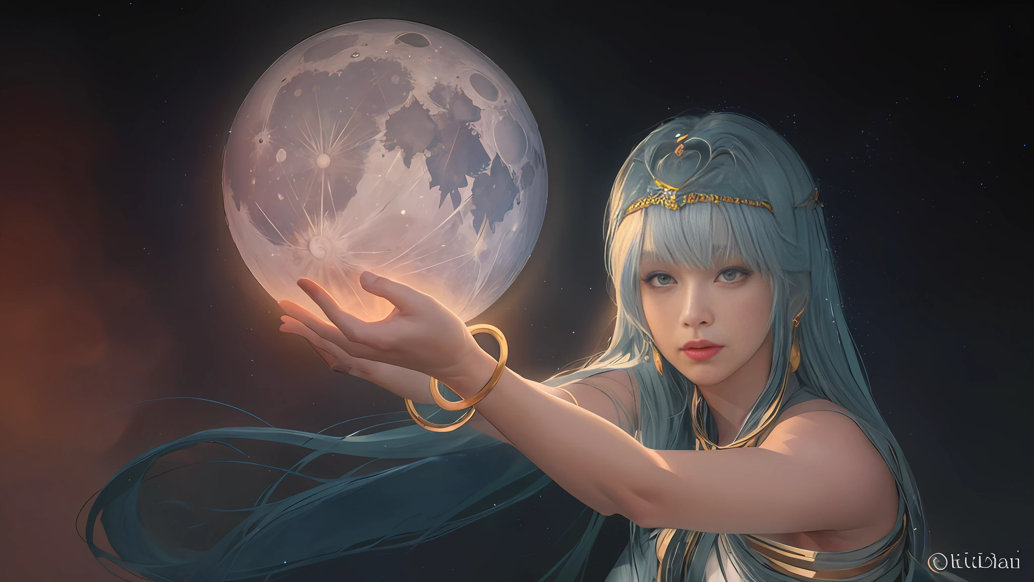 (top-quality、masterpiece)、(Realistic lighting with shadows)、huge filesize、hight resolution、elegent、realisitic、complexly detailed、(Perfect anatomical depiction of the human body)、Federal woman holding shining moon in her hands, goddess of the moon, goddess of the moon, A Princess「Kida」Kidagakash, from final fantasy, goddess of the moon, goddess of the hunt and the moon, Also known as Artemis the Selene, portrait knights of zodiac girl, goddess of light, princess of light