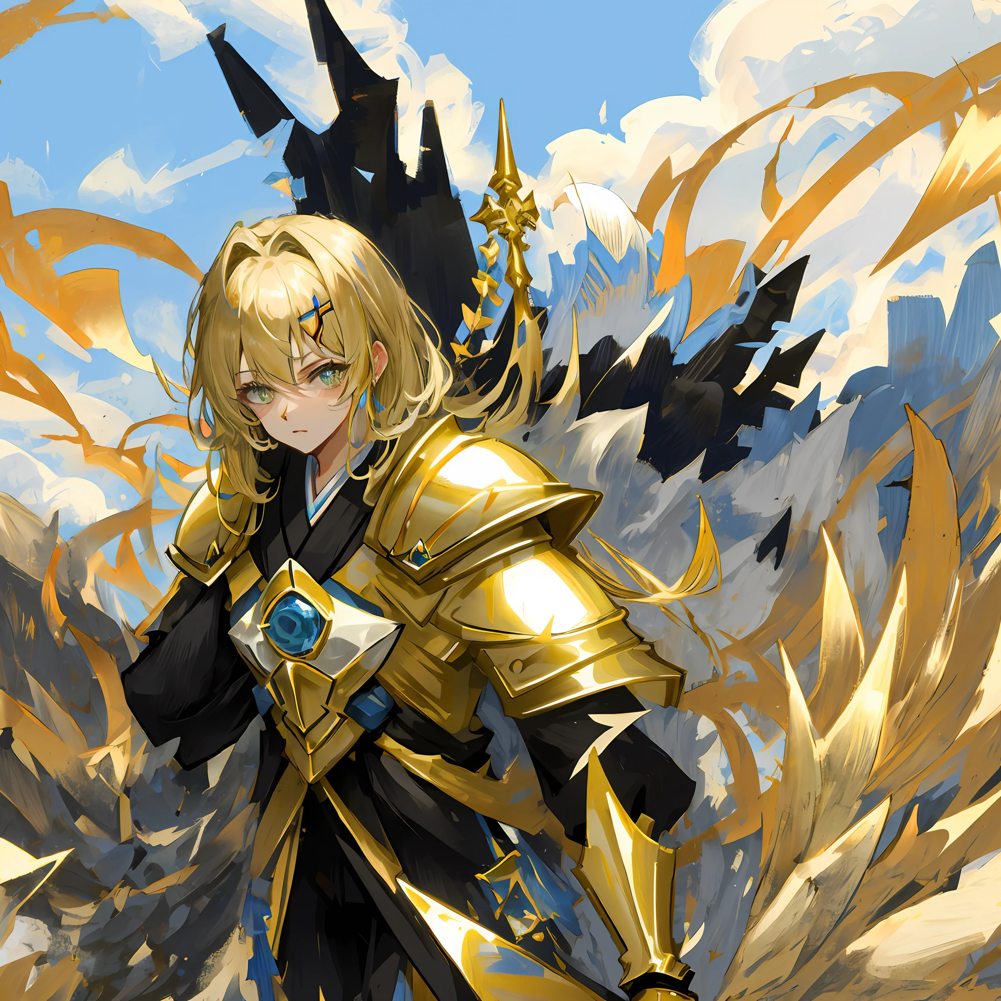Espadachim, armadura, Staff gold armor, vista de cima, cara de mal, japanese, japanesepopartstyle, olhar assassino