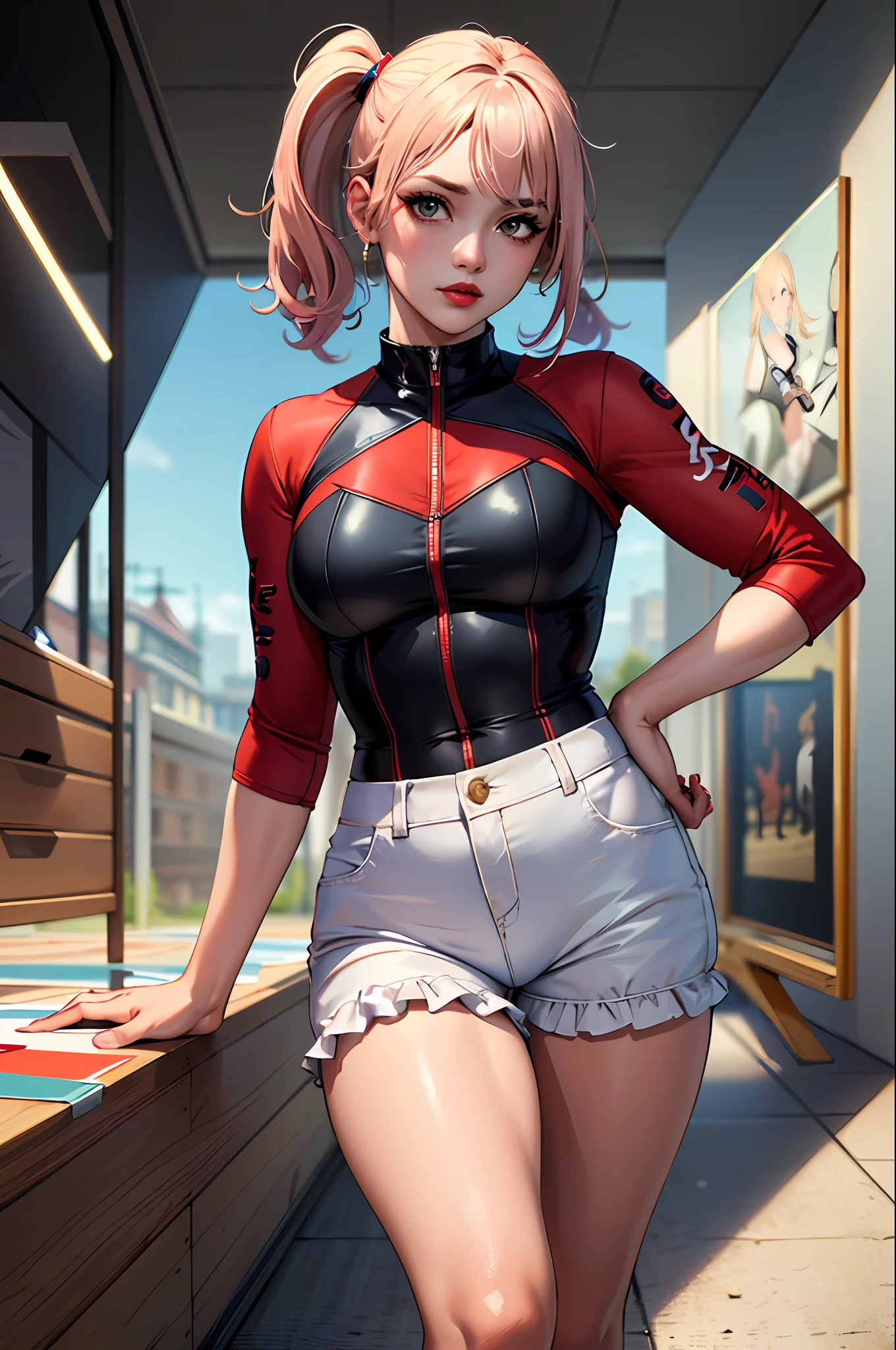 (masterpiece:1.4)、(top-quality:1.4)、
1girl in, Racing Bloomers、(Arm sleeve),length hair, looking at the viewers, 独奏 ,realisitic,(shinny skin),(masterpiece:1.4),(top-quality:1.4),red-lips,poneyTail