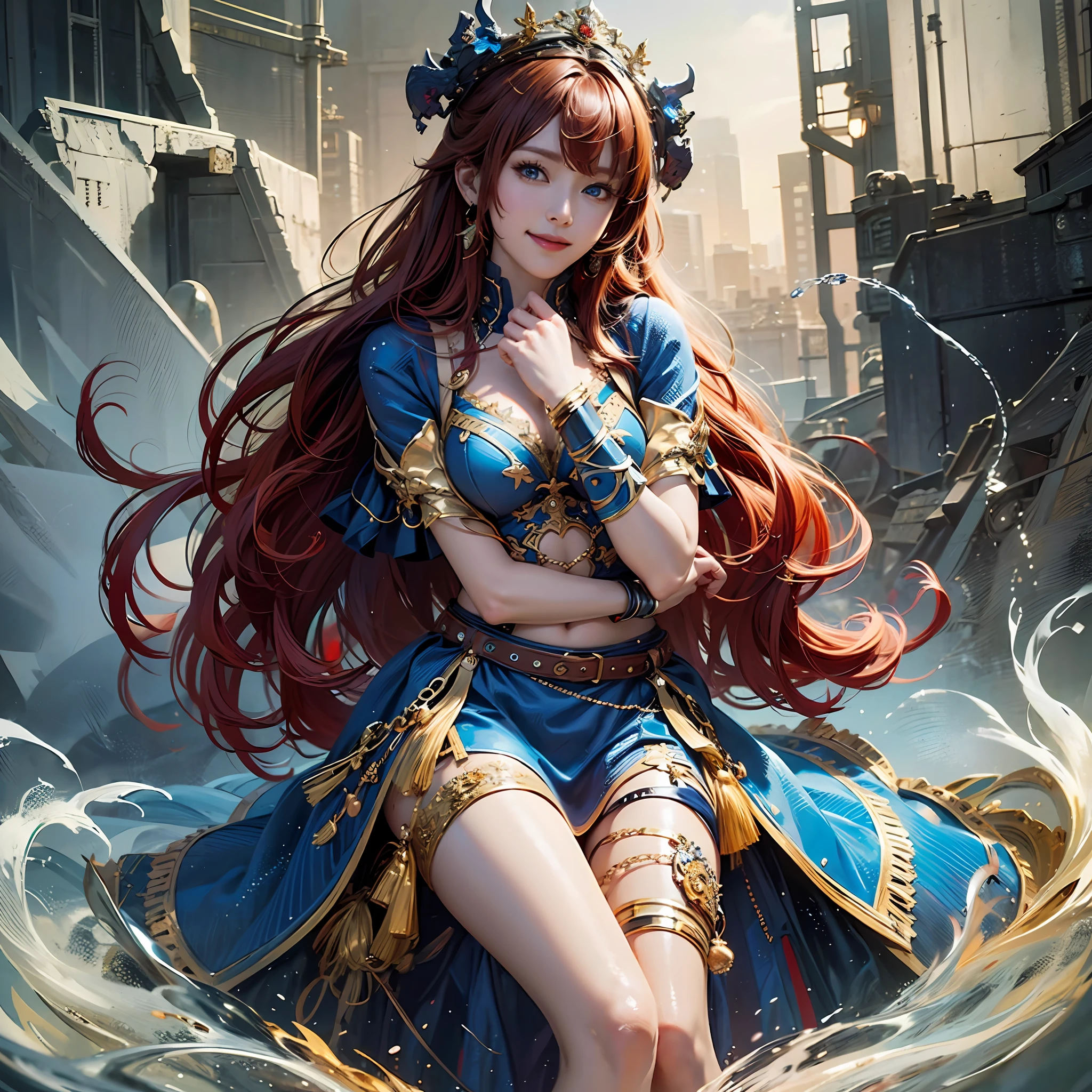 (8K, top quality, masterpiece: 1.2), (Realistic, Photorealistic, Photorealistic: 1.37), woman in blue dress with long hair, red hair, beautiful character painting, detailed digital anime art, Gwise style artwork, detailed portrait of anime girl, Rostran 8K, stunning character art, There are 2 photorealistic anime girl renderings. 5D CGI Anime Fantasy Artwork, Beautiful Digital Artwork, 8k High Quality Detail Art, Beautiful Anime Portrait, Smile, Blue Eyes, Blue Eyes