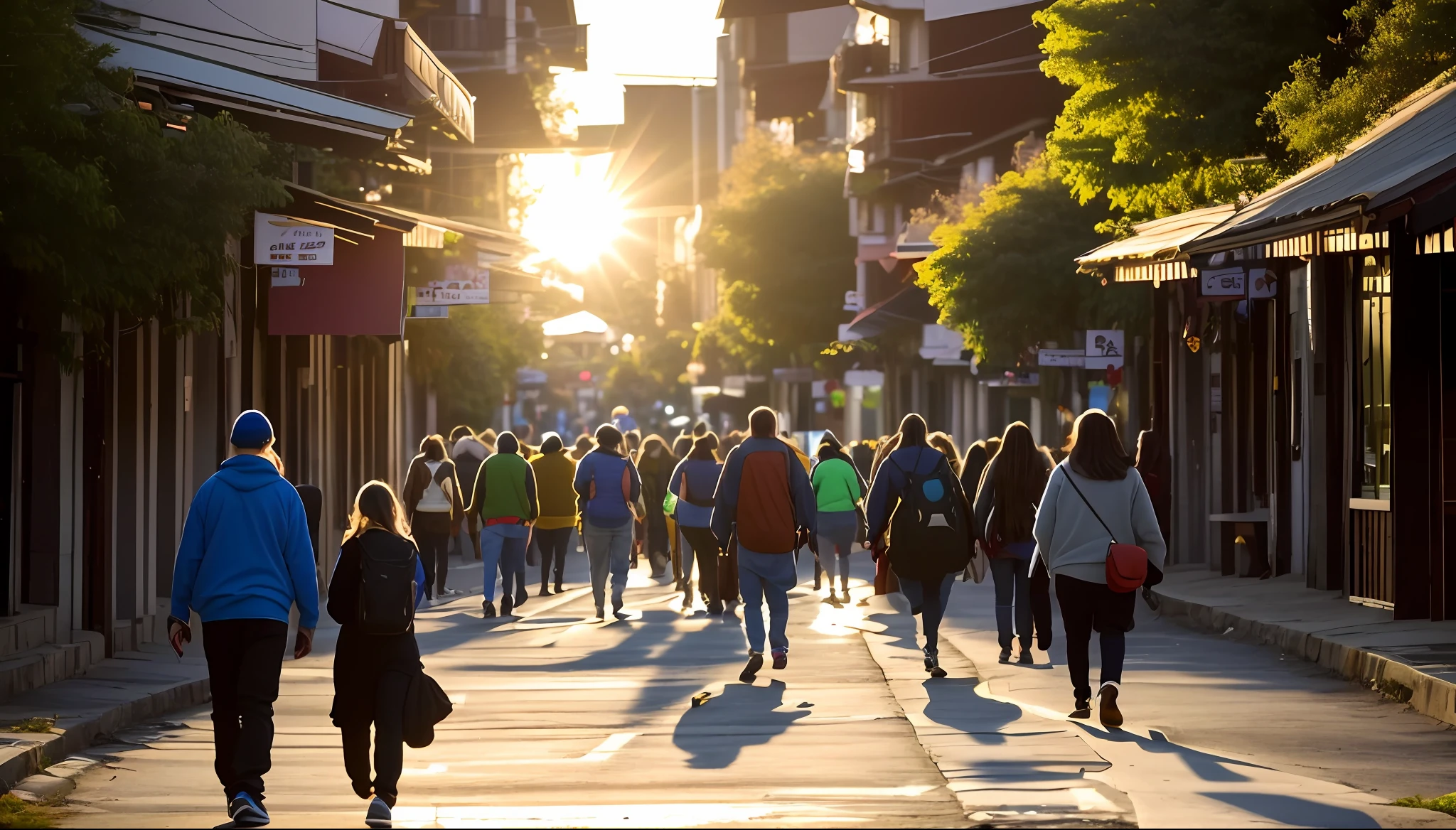 people walking down a city street at sunset with the sun shining, pessoas andando por uma rua, pessoas andando na rua, pessoas andando na rua, ruas movimentadas cheias de gente, rua lotada, viajantes andando pelas ruas, many people walking about, pessoas nas ruas, ruas lotadas, rua movimentada, pessoas nas ruas, pessoas caminhando, ruas movimentadas, people walking through