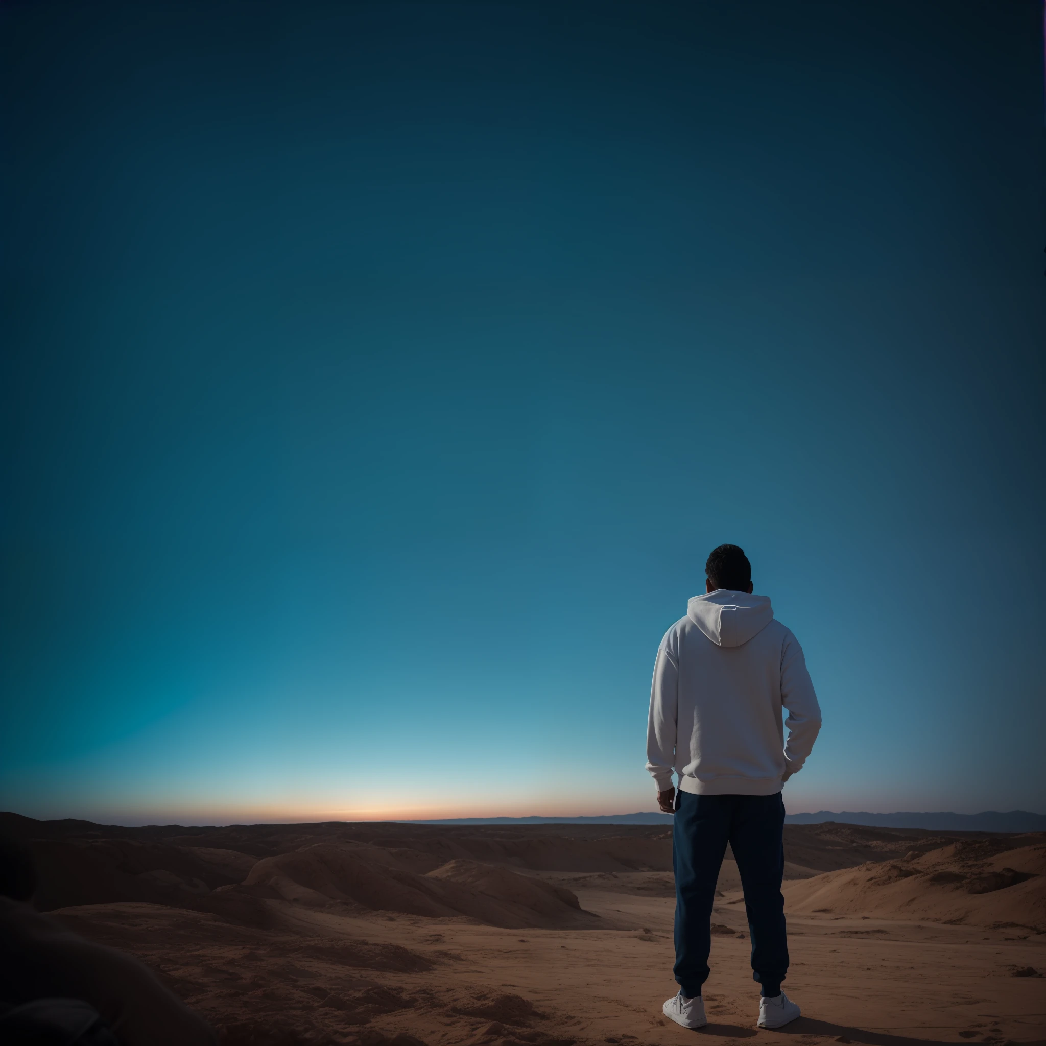 absurd resolution, alta resolução, (obra-prima:1.4), ultra-detalhada, Distortion of the male face of the wide-angle lens Play a male motivational character wearing a white sweatshirt and hoodie looking at the horizon dreaming of a good future and as he emanates in a recording studio lights from his feet these lights in white color in a cinematic scene