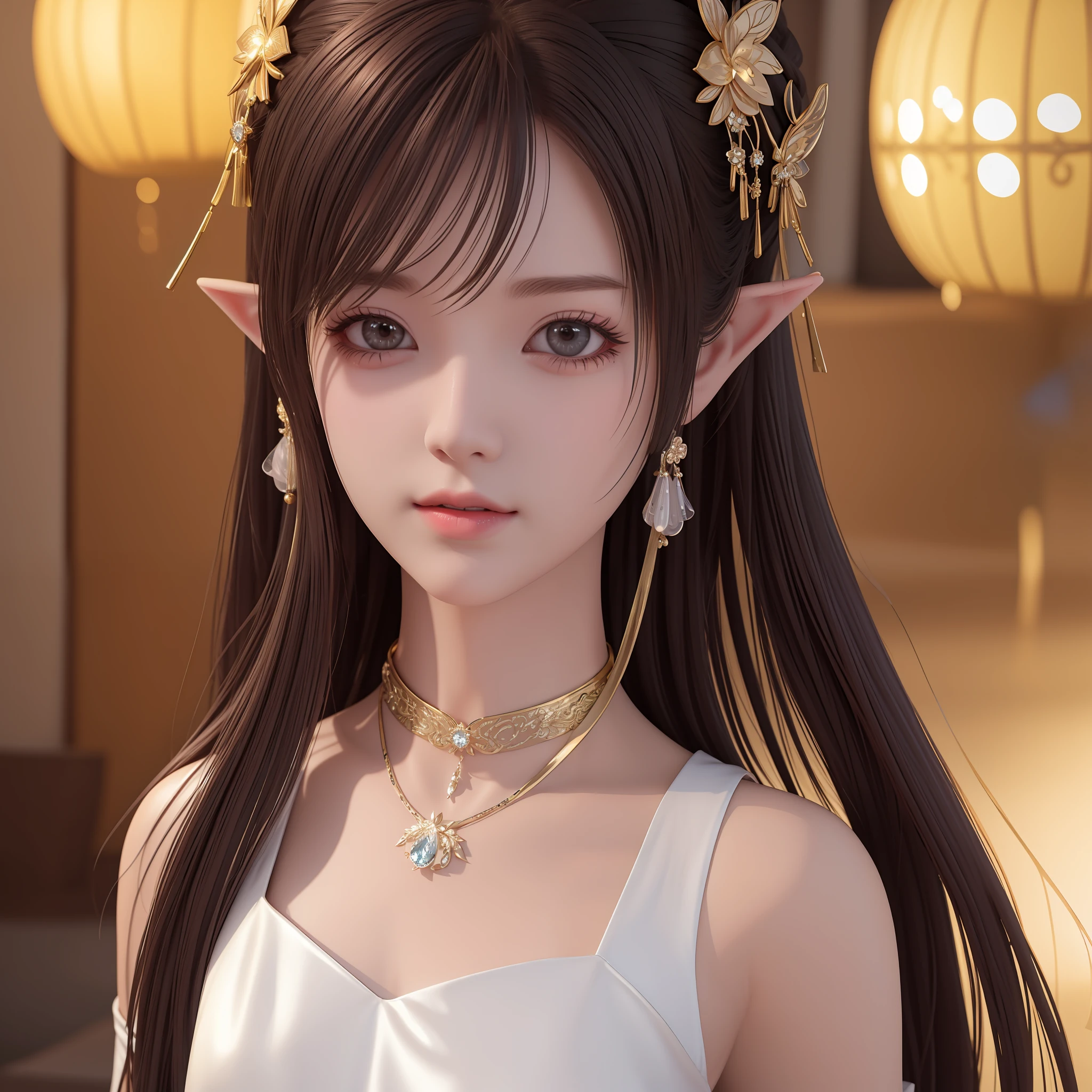 best qualityer，tmasterpiece，A high resolution，1 girl，Asian people，hair adornments，choker necklace，jewely，beautiful  face，Physically，realisticlying，immortal，edge lit，twotonelighting，（highdetailskin：1.2），8k uhd，Slr，softlighting，high qulity，volumettic light，photore，A high resolution，4k，8k，Background bokeh，full body pov，a close up of a woman wearing a white dress and a necklace, 3 D rendering character art 8 K, a beautiful fantasy empress, Rendu portrait 8k, smooth 3d cg render, photorealistic anime girl rendering, Chinese girl, 8K high quality detailed art, beautiful and elegant elf queen, Soft portrait shot 8 K,