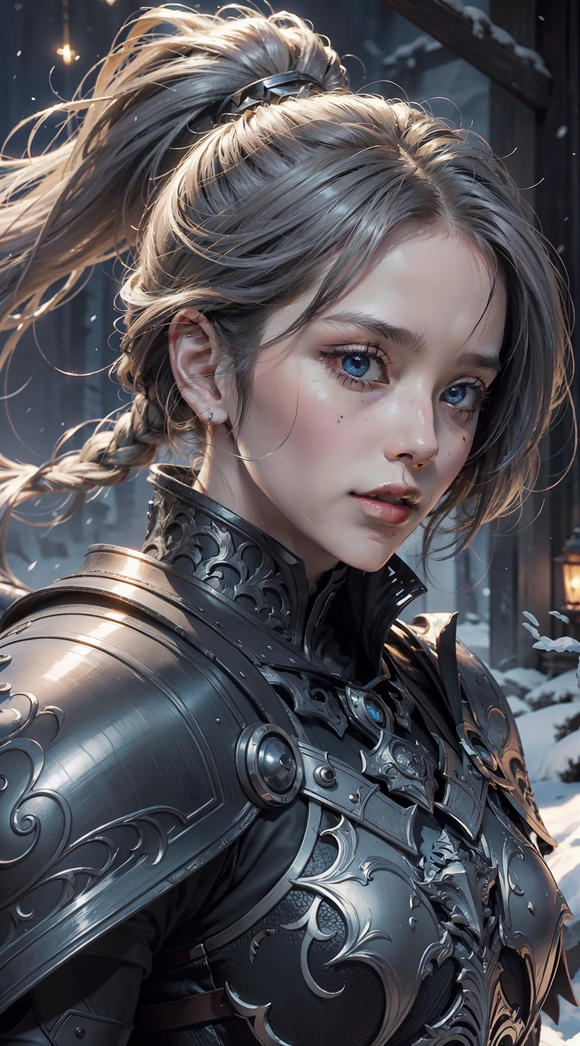 official art, unity 8k wallpaper, ultra detailed, masterpiece, best quality, 1 woman, extremely detailed, dynamic angle, Mysterious expression, snow effect, fantasy background, rim lighting, side lighting, cinematic light, ultra high res, 8k uhd, film grain,best shadow, delicate, RAW, light particles, detailed skin texture, detailed armor texture, detailed face, intricate details, ultra detailed, bright, strong black armor, wowdk, holding weapon, pauldrons, (silver hair), ponytail, long hair, bangs, glowing blue eyes, black cape, fantasy