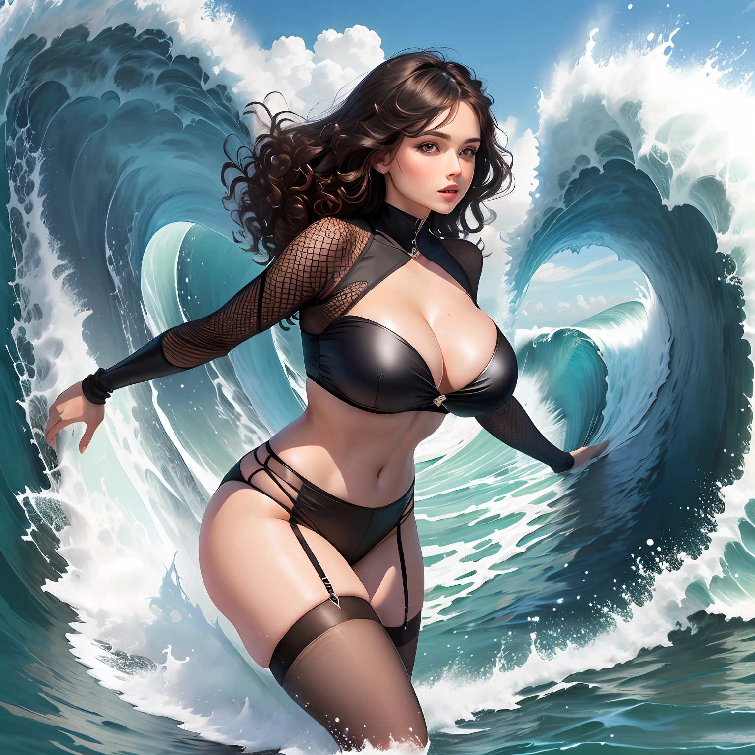 Big waves, curls, brunette breasts, mesh stockings, black silk