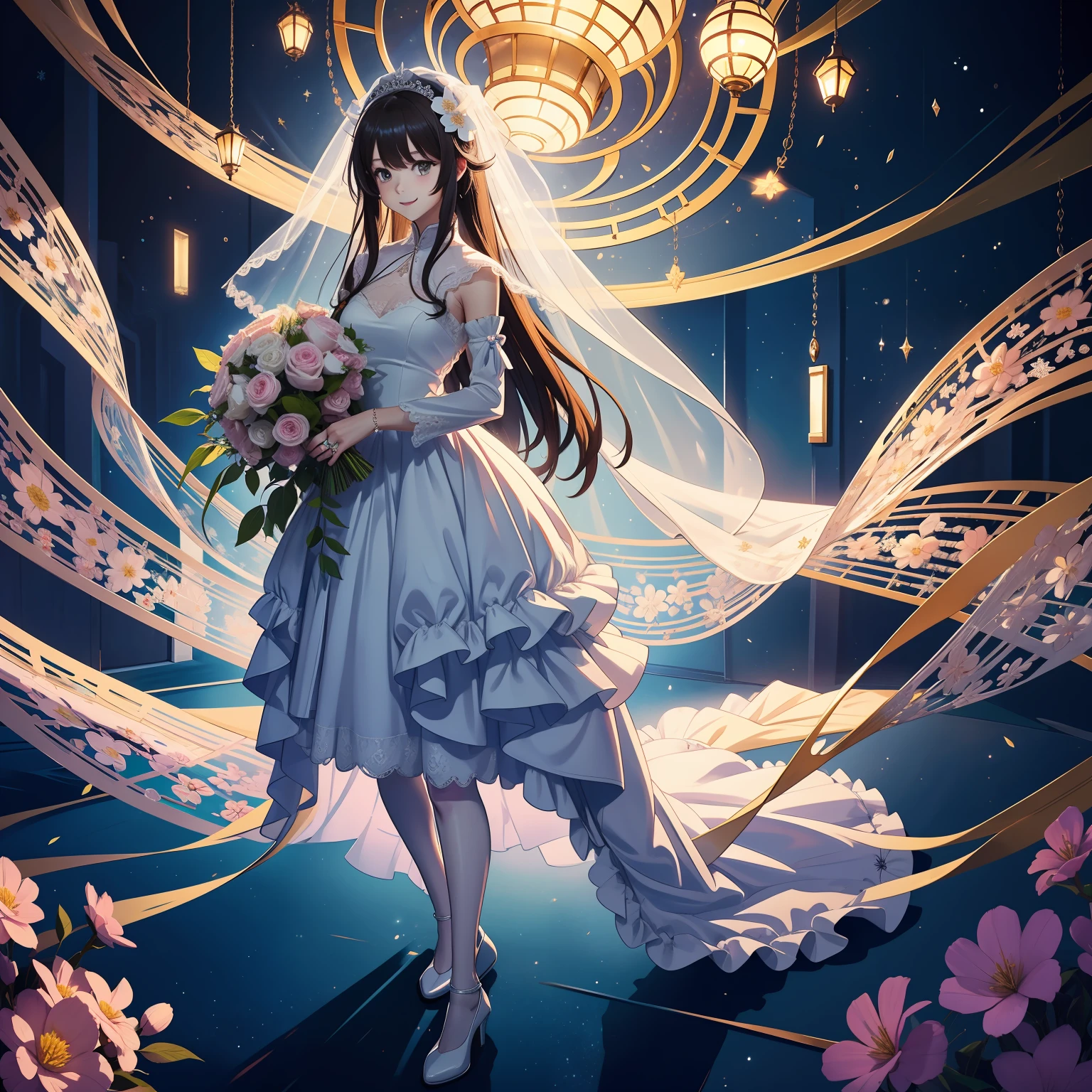 (Super detailed manga style)The beautiful girl has a noble smile,Tall figure,Cute and charming cat ears。She wore a white wedding dress,Standing in the doorway,Red lace trim,It looks exceptionally pure and moving。Her big eyes seemed to be filled with happiness and love。The garden in front of the door is filled with the two-dimensional style of shoujo manga,Includes nine grilles,Arched waves,Starry sky and snowflake decoration。Stand out from the background,with dynamism。