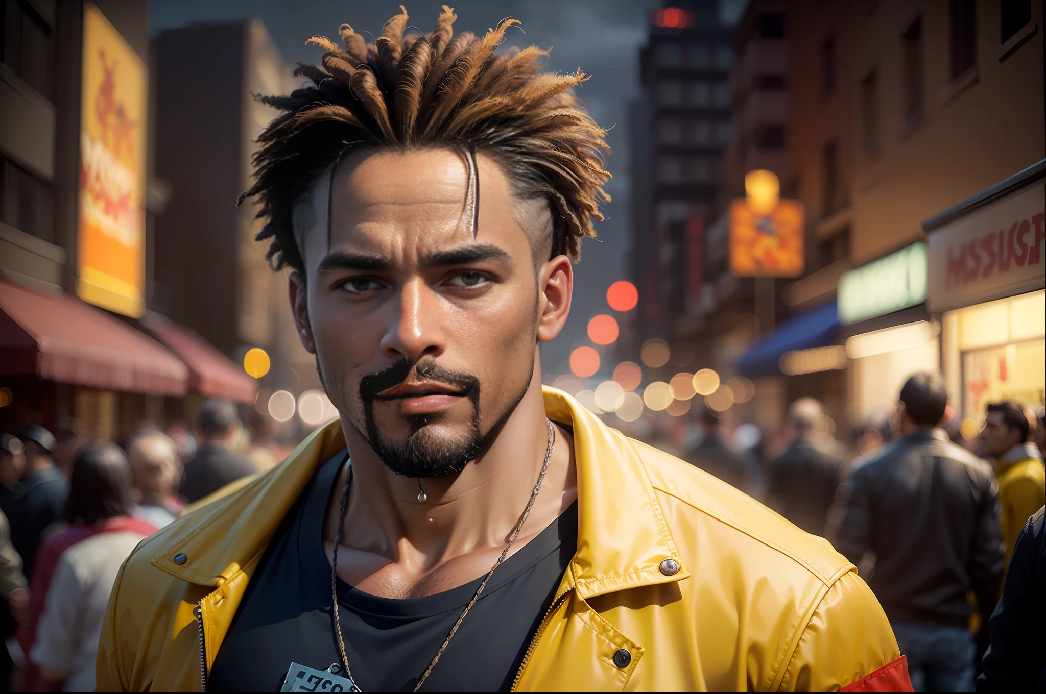 (
(Character: one afro-american man, (40 years old), Mechanic, short dreadlock hair, short beard, strong body)
(Clothing: yellow jacket, black shirt)
(close shot:1.3, extremely detailed, (dynamic pose))
(nighttime city, dimly lit, noir atmosphere:1, gloomy atmosphere, yellow ominous lighting)
(Style: ((masterpiece:1.5)), (face detailed), photo-realistic:1.3, hyperrealistic, film grain)
)