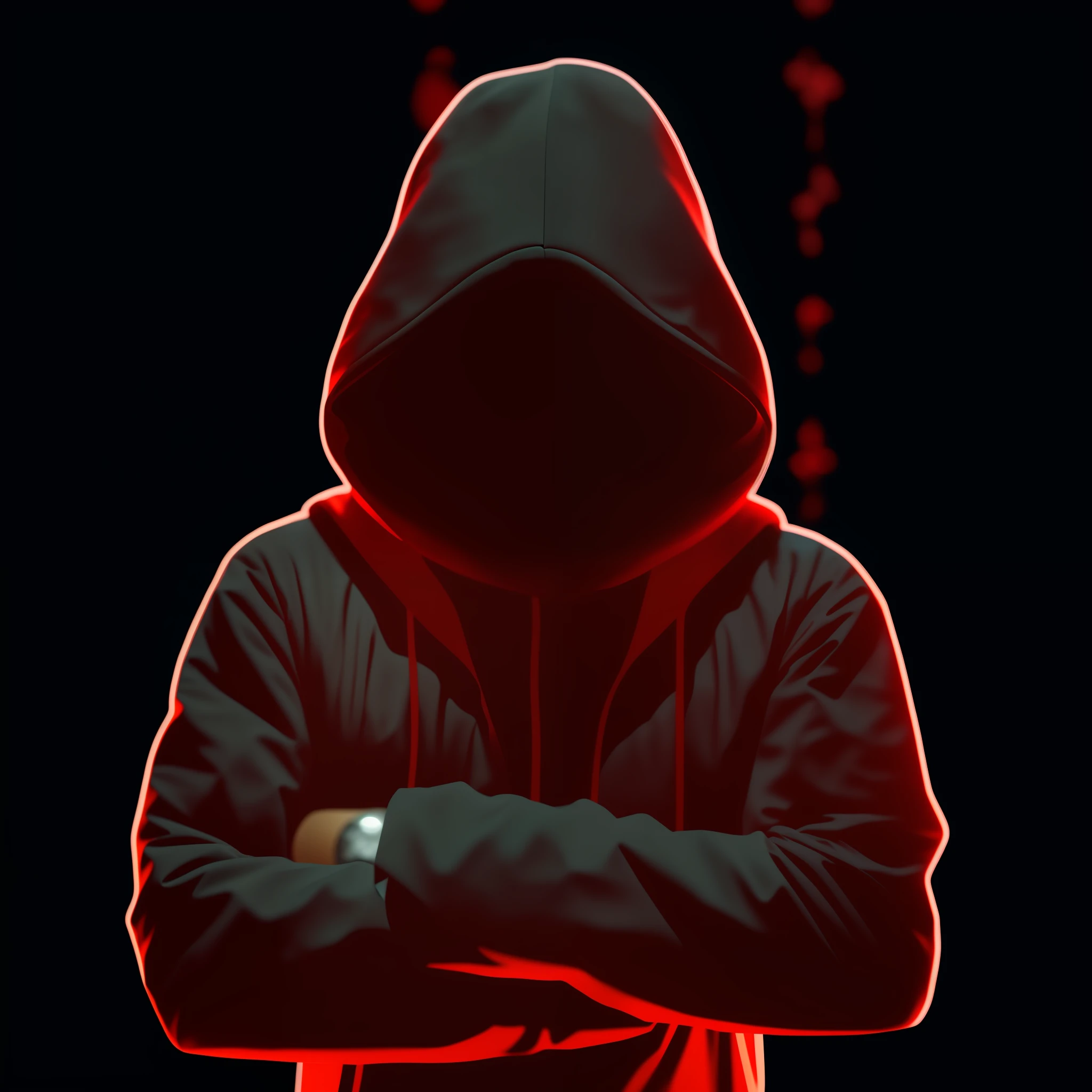 A closeup of a person with a hood and arms crossed, figura encapuzada, figuras encapuzadas, pessoas sem rosto escuras, figura encapuzada surreal preto de costa, arte de fundo, foto de perfil 1024px, Capuzes pretos, usando um capuz escuro preto, imagem do avatar, Senhor Sith encapuzado encapuzado, Escuro Backround, Escuro. Sem texto, fvckrender, Retrato NFT, neon verde