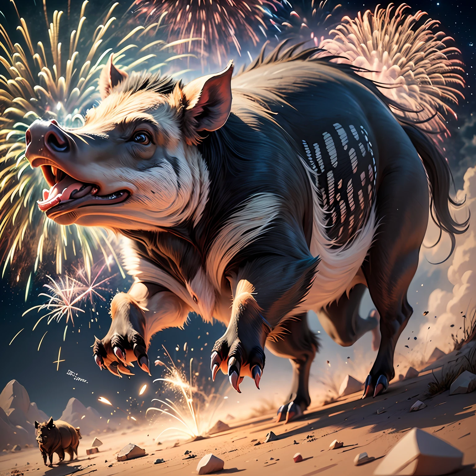 （A wild boar carrying fireworks flies in the sky），Impeccable，Superhero cartoon style，A detailed，inspirational，Cool