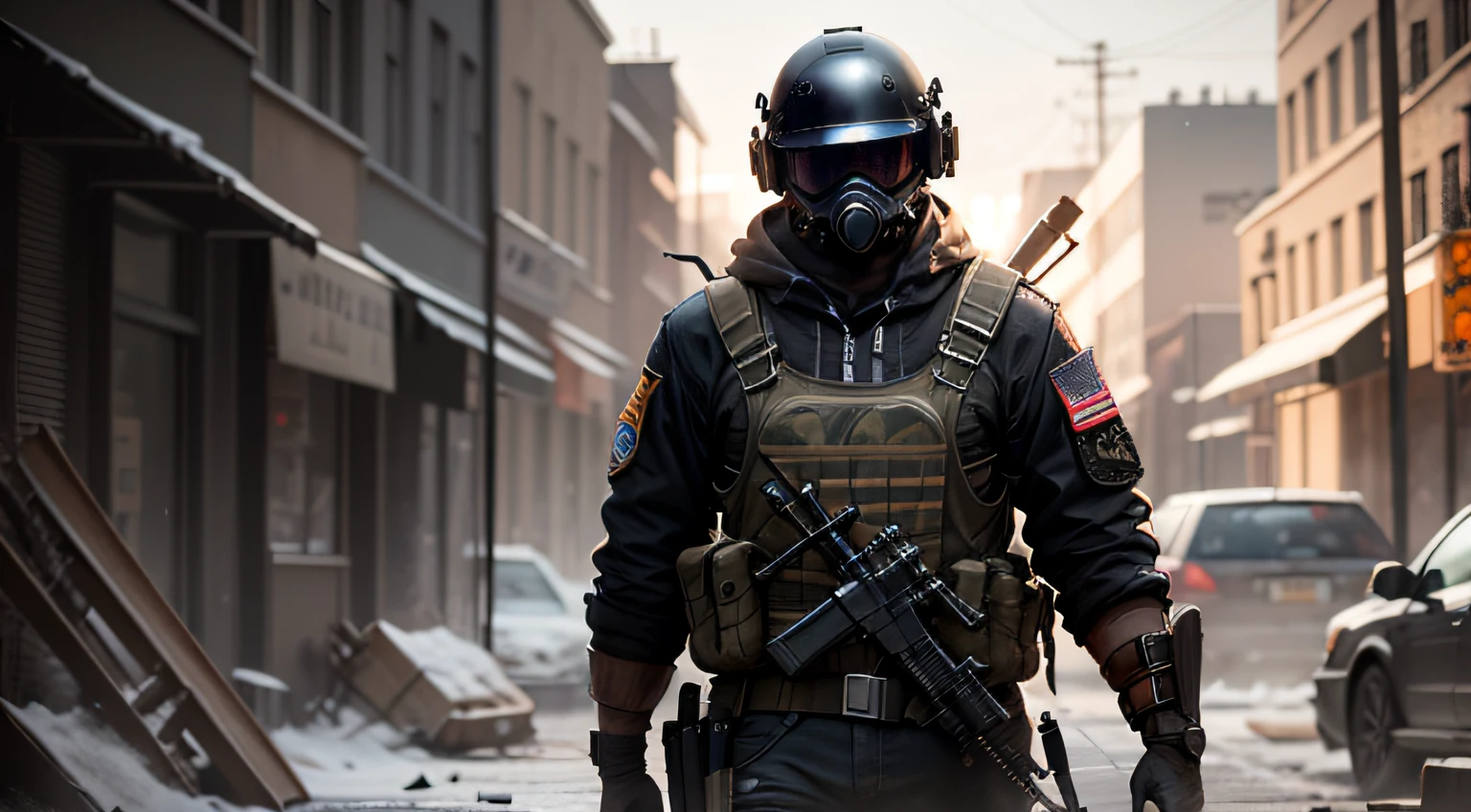 Dark Zone Breakout, Fred holds an M4 gun, a helmet, body armor, and a pistol masterpiece --auto