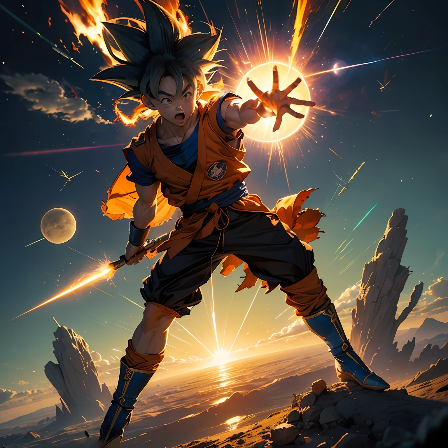 (Goku theme)Feel free to do it,Purple glazed glow,Goku was reborn,Heroic momentum,Wears a dark blue jacket,Black shorts,There are carrots in the pocket,Rakuten hot-blooded,The sun reaches the heart,Fly in the sun,Floating,Feet on the ground, explosiveness Colorful energy,and a gorgeous golden glow! --auto