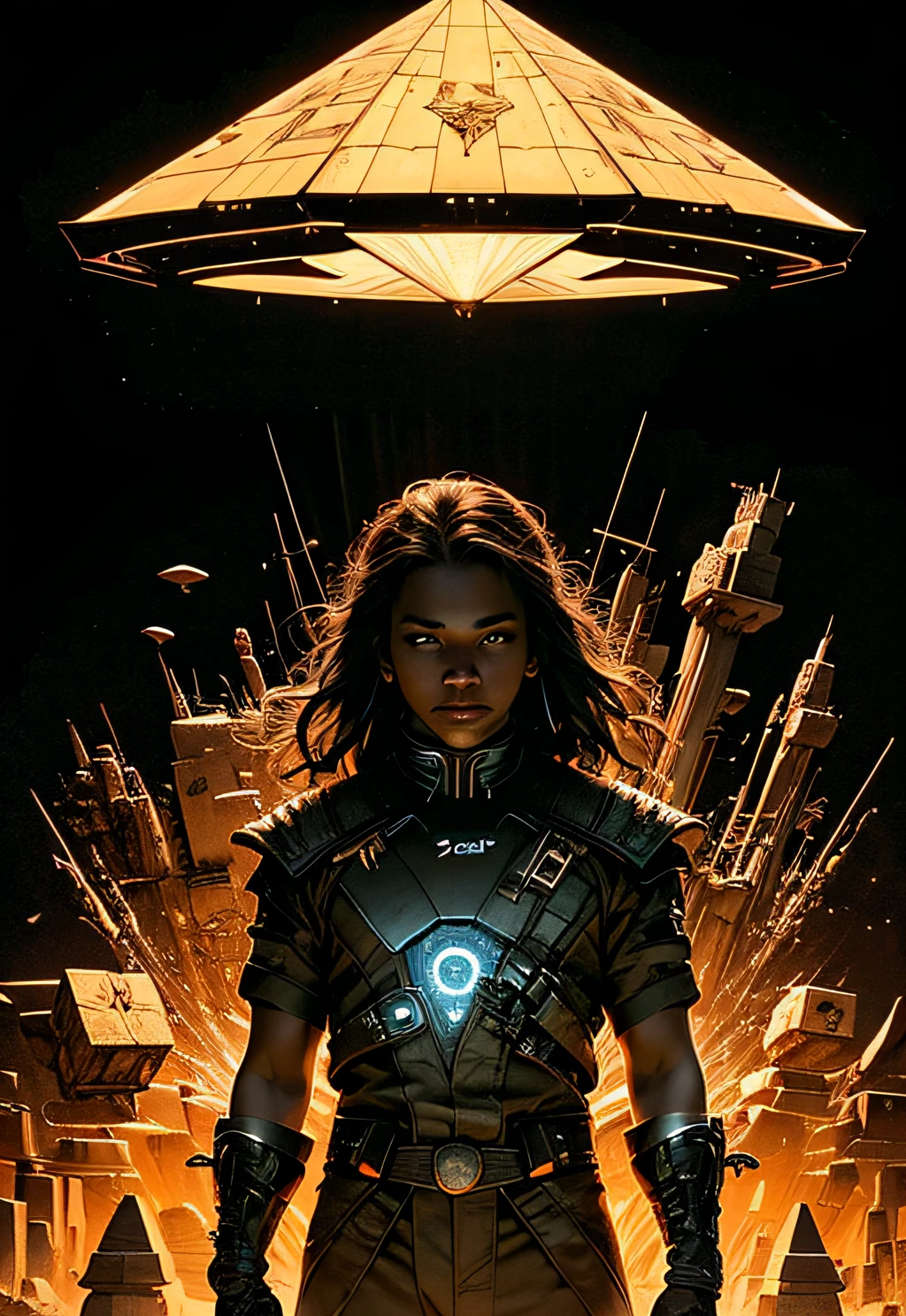a man coming out of a spaceship like the one in Startrek, Black man. holding a mechanical pyramid with floating glowing cubes, the pyramid has some glowing lines. the cubes are radiating energy. the man is commanding the pyramid, the man is a scientist. Hyper realistic, Photography, Picture of the week, RAW, beautiful, (finely detailed skin), African skin, pilot, standing next to a stargate, in red-blue-black futuristic uniform, Clouds in the background, lightning, extremely detailed,colorful,highest detailed, (dynamic pose), shiny skin, zentangle, flowers, abstract background,(masterpiece) (perfect proportion)(realistic photo)(best quality) (detailed) photographed on a Canon EOS R5, 50mm lens, F/2.8, HDR, (8k) (wallpaper) (cinematic lighting) (dramatic lighting) (sharp focus) (intricate)
