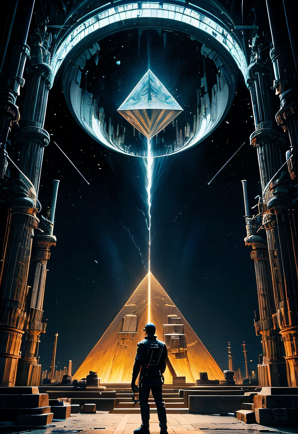 a man coming out of a spaceship like the one in Startrek, Black man. holding a mechanical pyramid with floating glowing cubes, the pyramid has some glowing lines. the cubes are radiating energy. the man is commanding the pyramid, the man is a scientist. Hyper realistic, Photography, Picture of the week, RAW, beautiful, (finely detailed skin), African skin, pilot, standing next to a stargate, in red-blue-black futuristic uniform, Clouds in the background, lightning, extremely detailed,colorful,highest detailed, (dynamic pose), shiny skin, zentangle, flowers, abstract background,(masterpiece) (perfect proportion)(realistic photo)(best quality) (detailed) photographed on a Canon EOS R5, 50mm lens, F/2.8, HDR, (8k) (wallpaper) (cinematic lighting) (dramatic lighting) (sharp focus) (intricate)