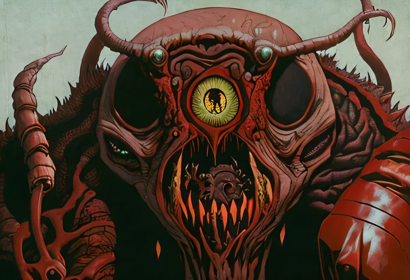 um close up de uma pessoa segurando um grande monstro como objeto, nanotech demonic monster horror, you looking into the maw, recipiente, d & d Observador, Kaiju-Eiga, estilo Guyver, pov camera looking into the maw, Guyver, Filme ainda de ciborgue asteca, grandes olhos vermelhos, Dorohedoro, cacodemon