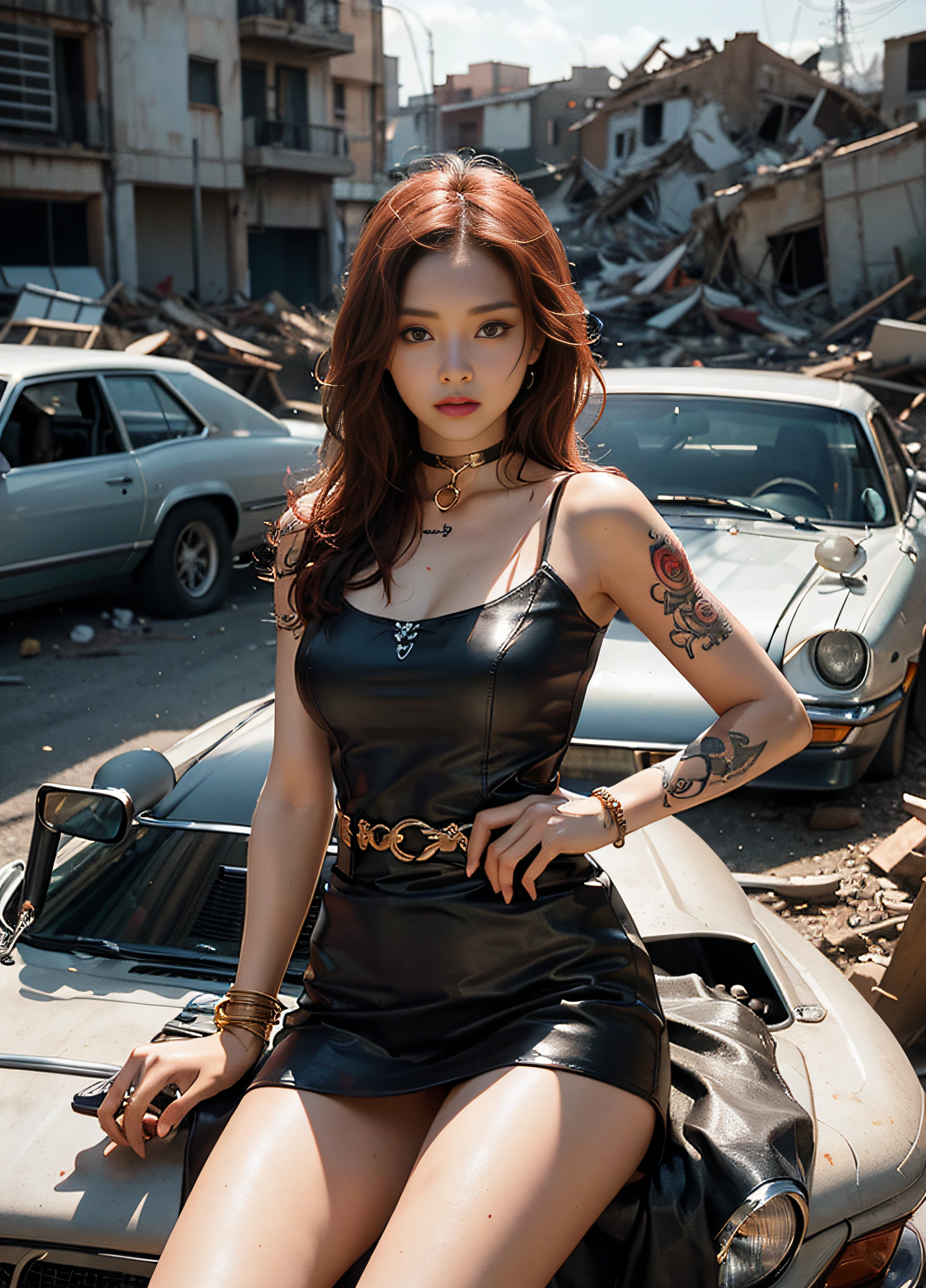 Top image quality、超A high resolution、The ultra -The high-definition、Photoquality(photographrealistic:1.8)、pores、accuracy、Post-war world、Ruined city、Pile of rubble、Dust、Mad MAX、Camaro in '69、red hairs、Oriental Woman、30-years old、tanned brown skin、Show off your breasts、Tattoo on the bust top、Tattoo of a rose on the chest、Smaller chest、Show your boob、Tight skirt in black leather、Leather choker、Gold Bracelet、tattoos on the legs、 holding a pistol in hand、Hanging a knife on the waist、numerous tattoos on the upper body,、skull、skeletal、Sitting on the hood of the car、
