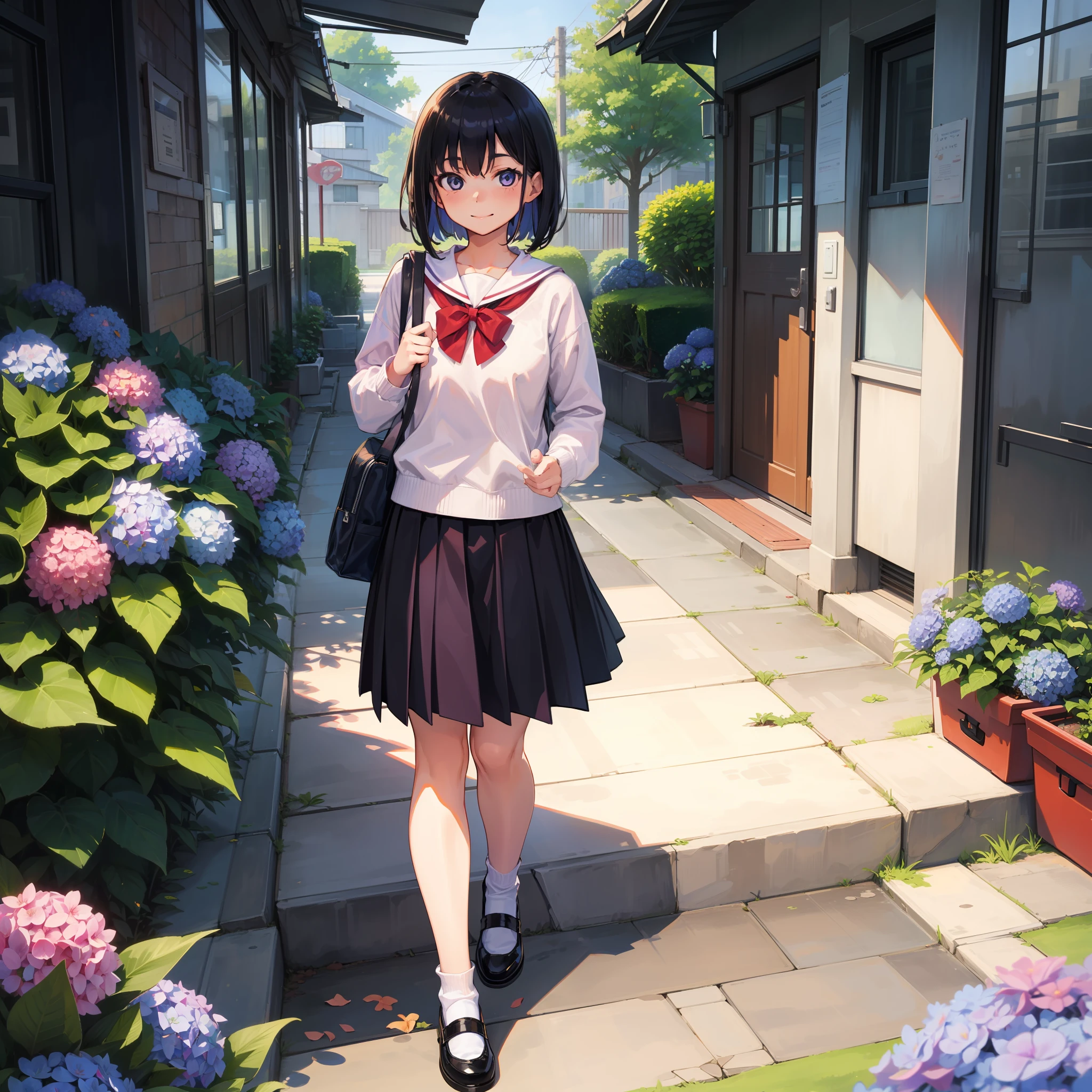 elementary student　a beauty girl　a short bob、sano　A smile、Blouse、jumper skirt　sockes、espadrilles、red school bag、Way back、Plum rain、hydrangeas、froggy、umbrellas、Sateen
