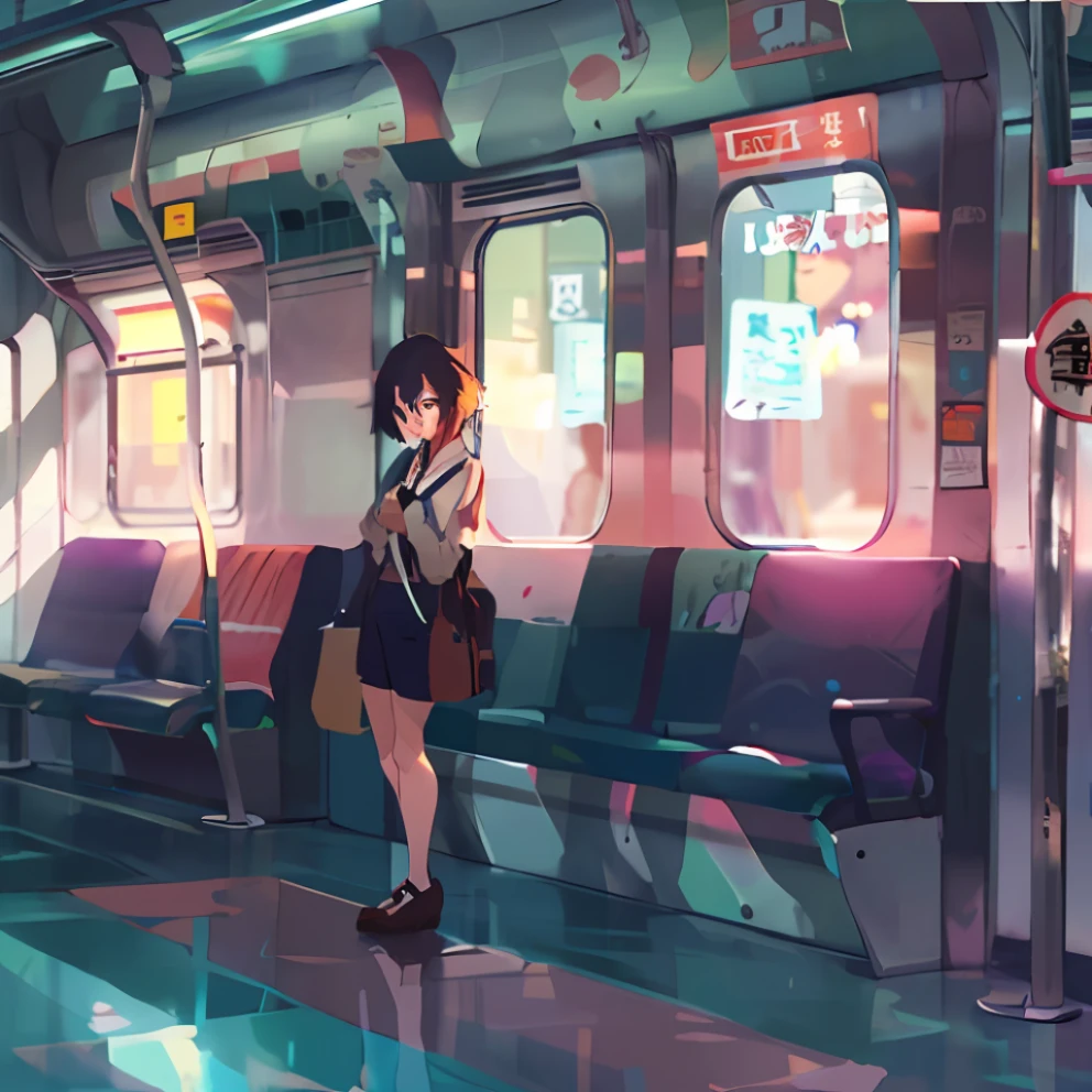 There is a woman standing on a subway train with a book, beautiful anime scenes, ( ( Makoto Shinkai ) ), Pondering. By Makoto Shinkai, Makoto Shinkai's style, By Makoto Shinkai, By Makoto Shinkai, in the style of makoto shinkai, Anime. By Makoto Shinkai, tokyo anime anime scene