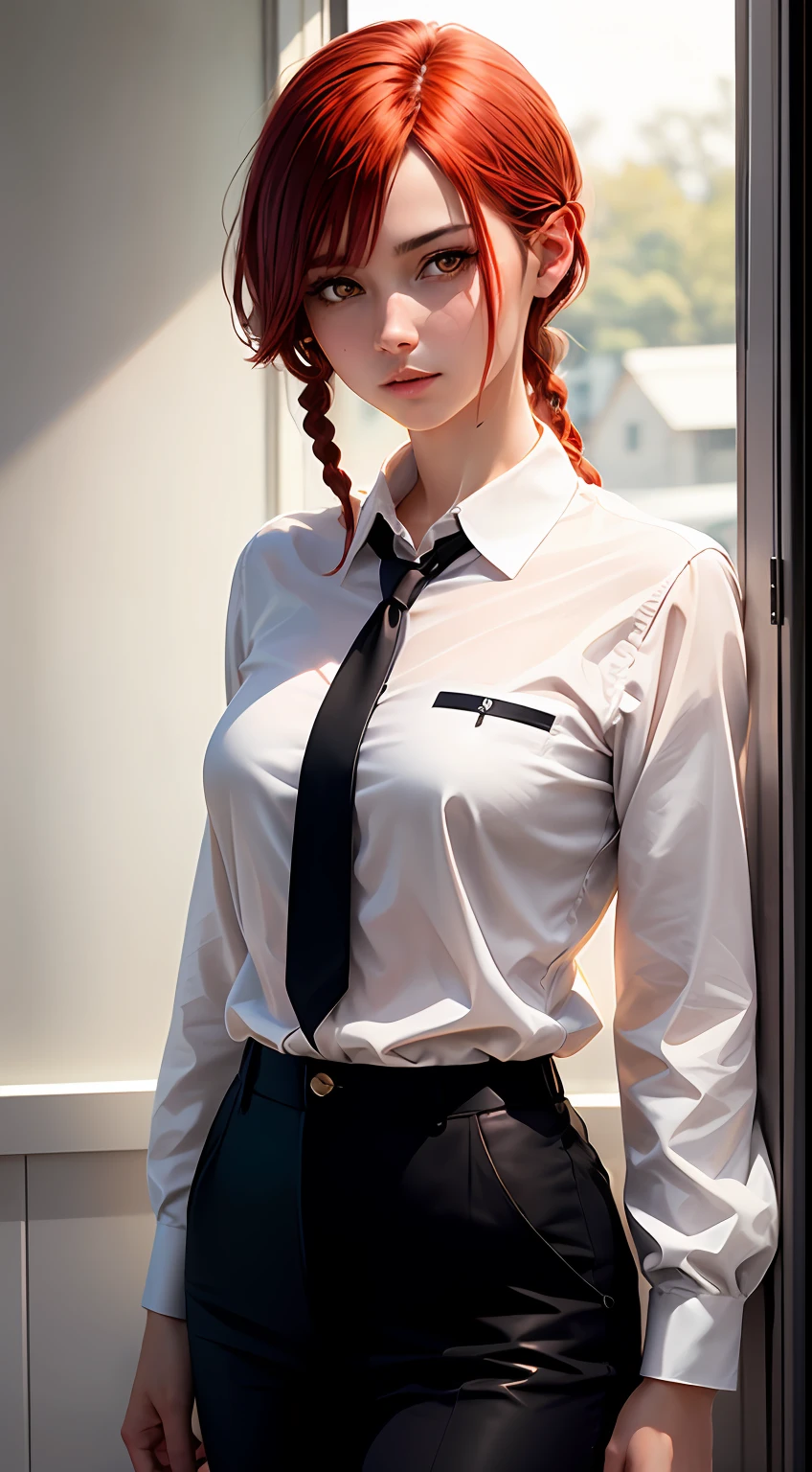 Delicate shiny skin, (realistic, fidelity:1.4), a beautiful girl, standing, looking out the window, white shirt, collared shirt, black tie, black pants, long sleeves, slight smile (nose red), yellow eyes + round eyes, short hair + red hair + long braids, makima \ (chainsaw man\) --auto