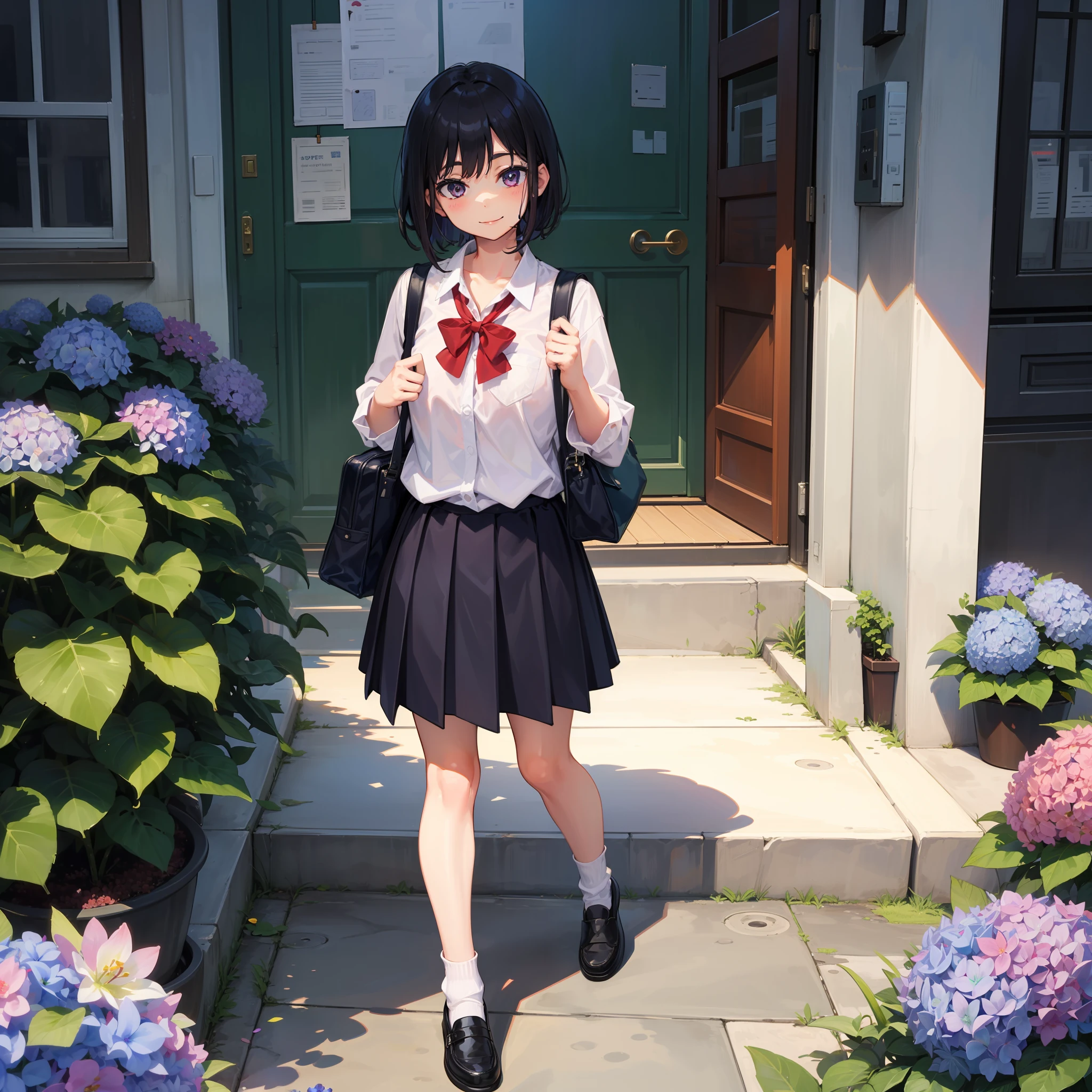 elementary student　a beauty girl　a short bob、sano　A smile、Blouse、jumper skirt　sockes、espadrilles、red school bag、Way back、Plum rain、hydrangeas、froggy、umbrellas、Sateen